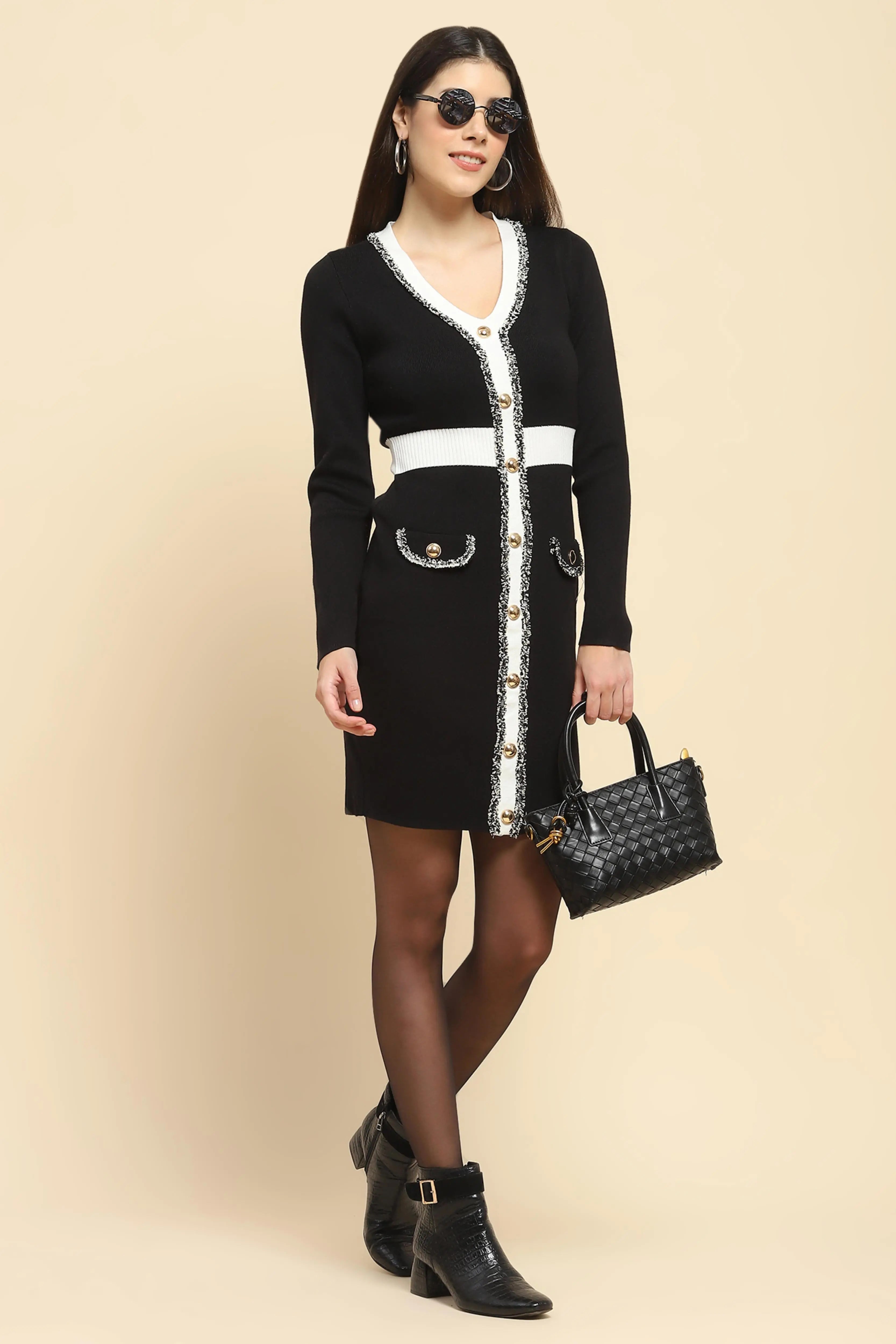 Black Viscose Blend Slim Fit Winter Body Dress For Women - Global Republic