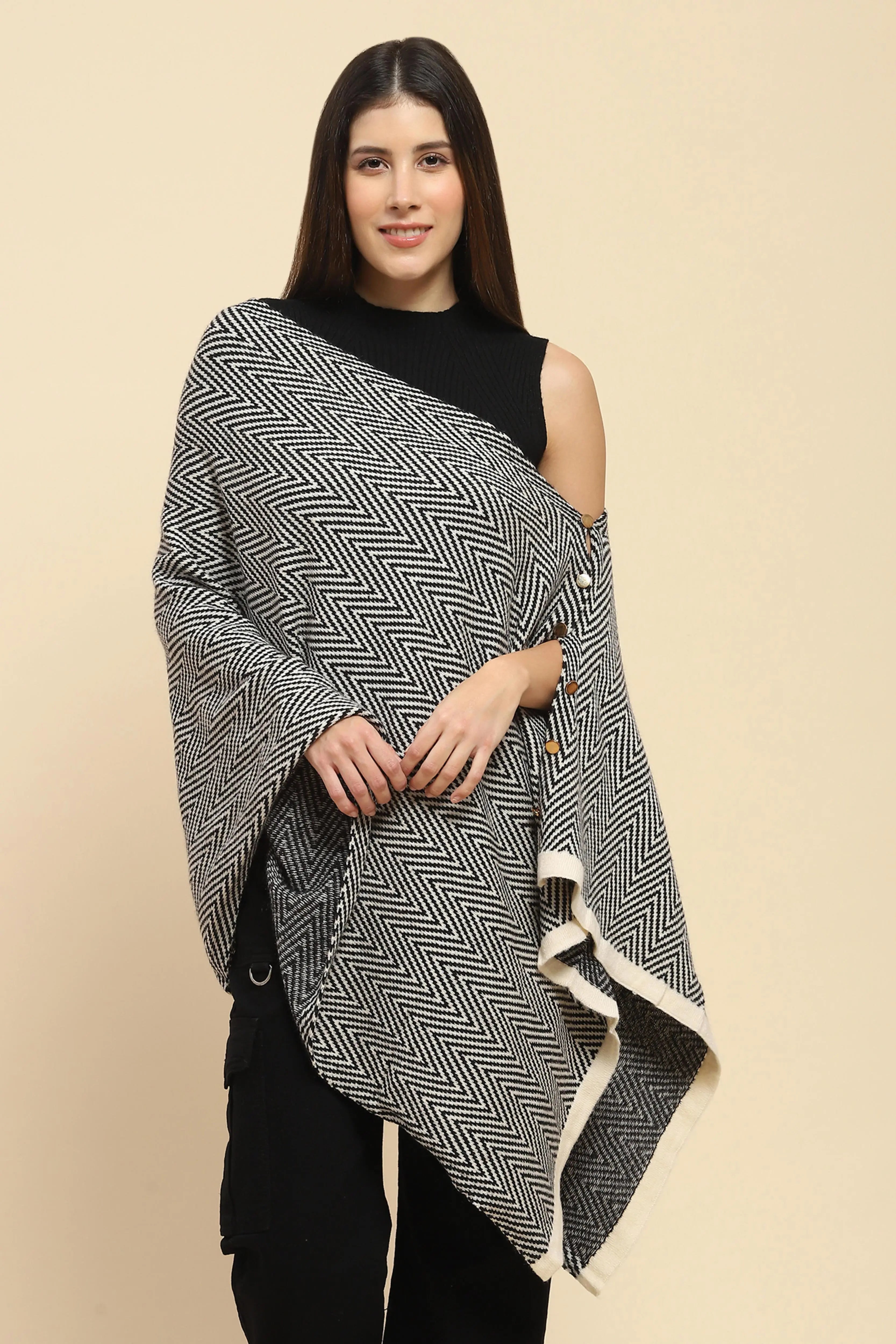 Black Viscose Knitted Loose Cape/Shawl - Global Republic