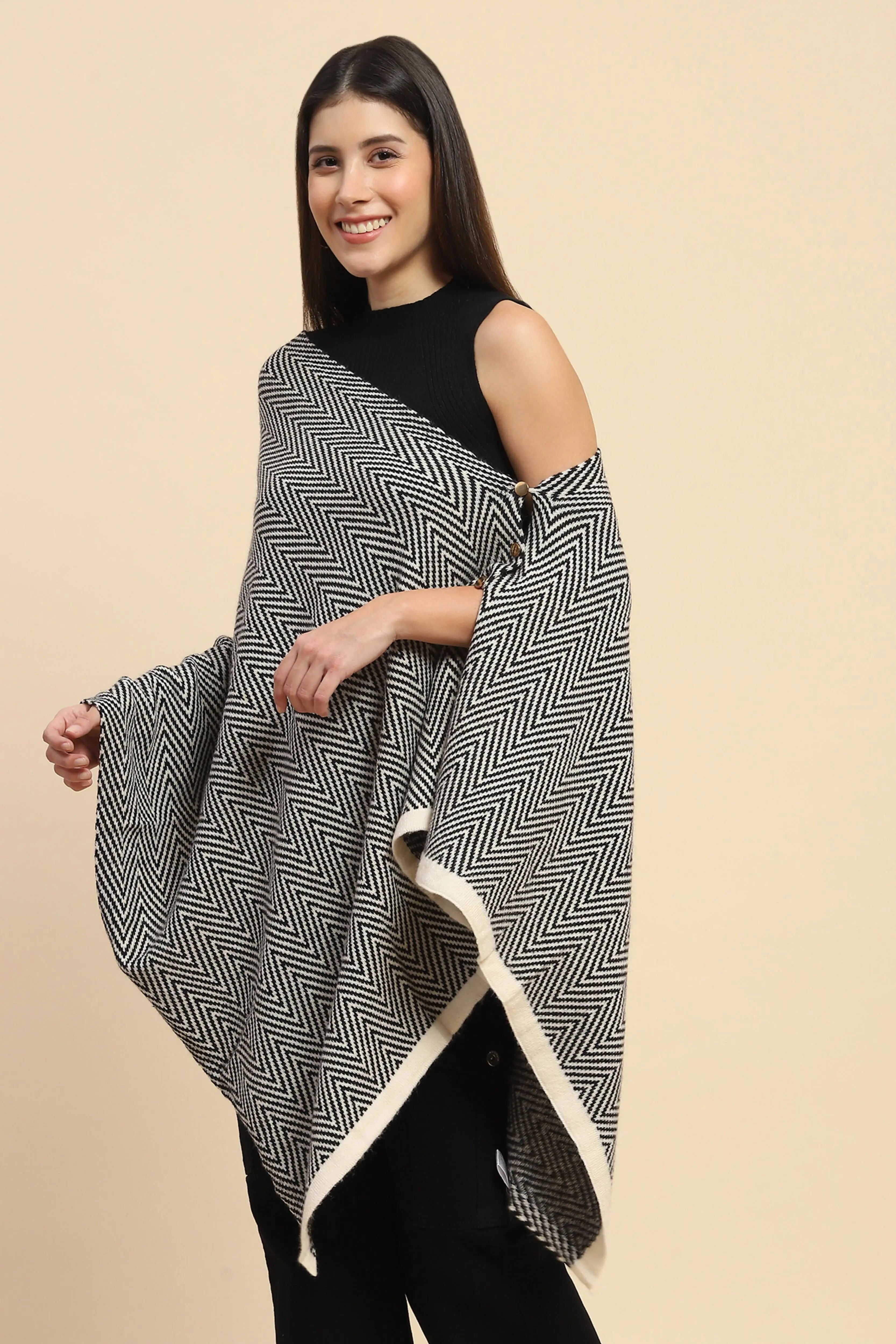 Black Viscose Knitted Loose Cape/Shawl - Global Republic