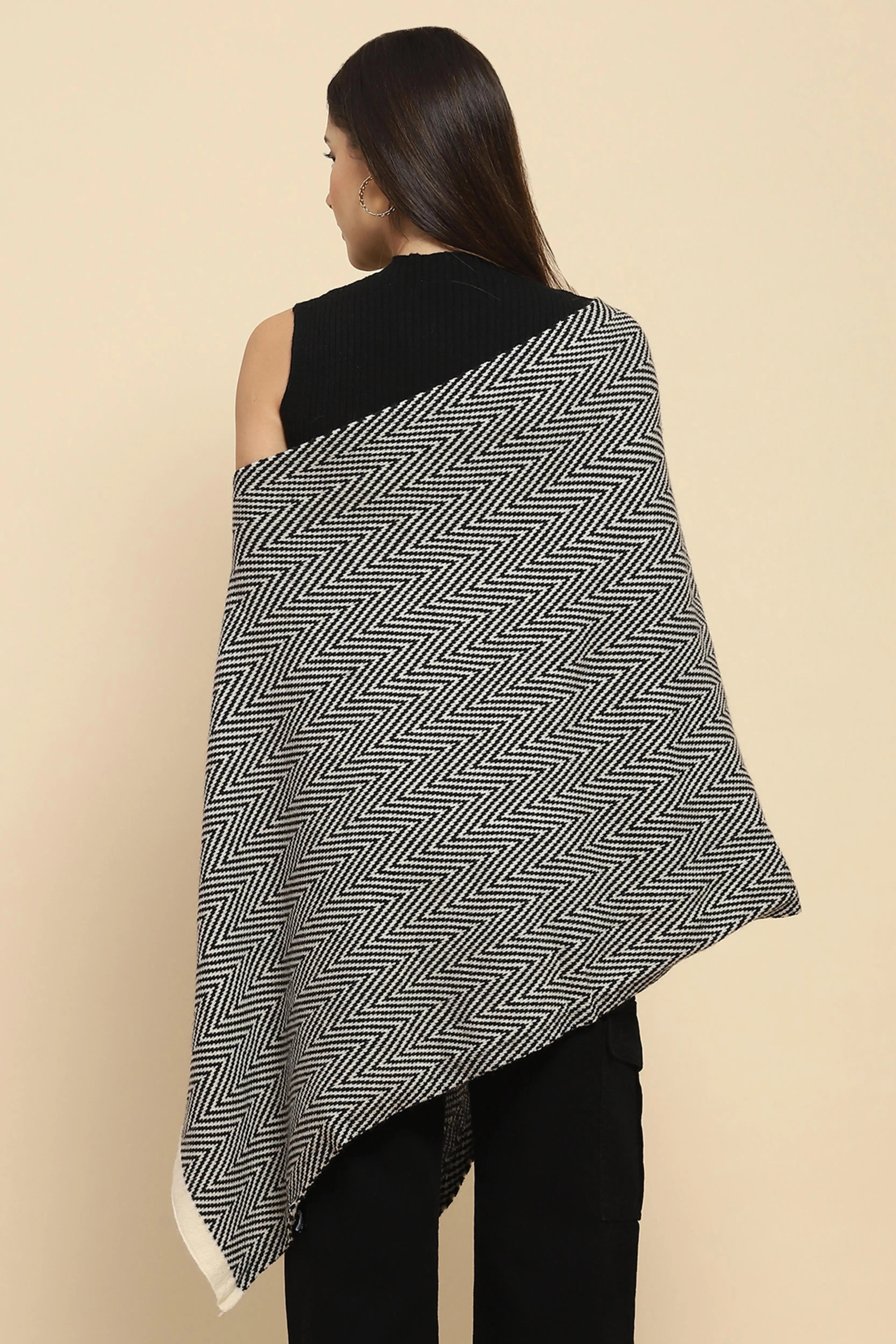 Black Viscose Knitted Loose Cape/Shawl - Global Republic