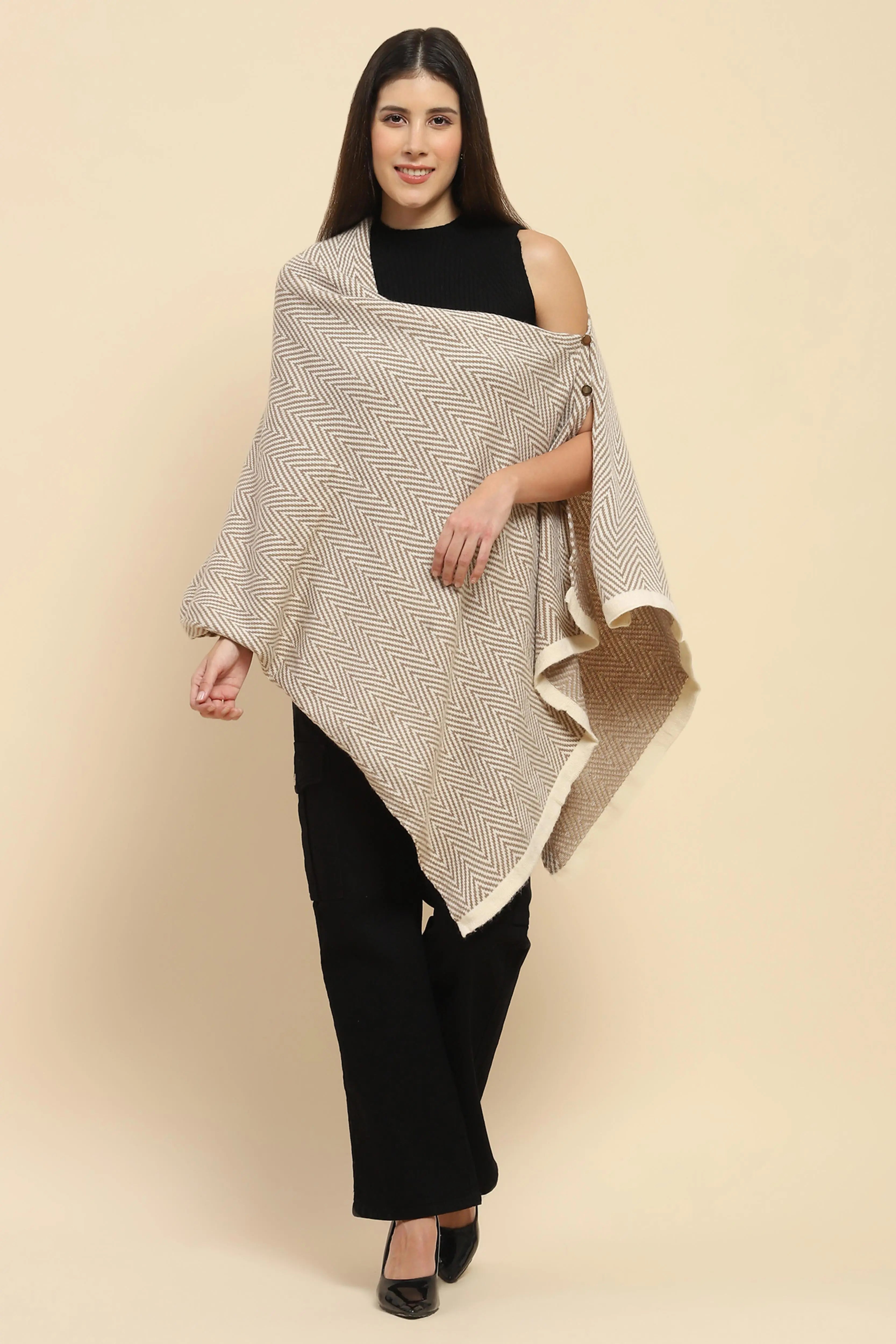 Beige Viscose Knitted Loose Cape/ Shawl - Global Republic