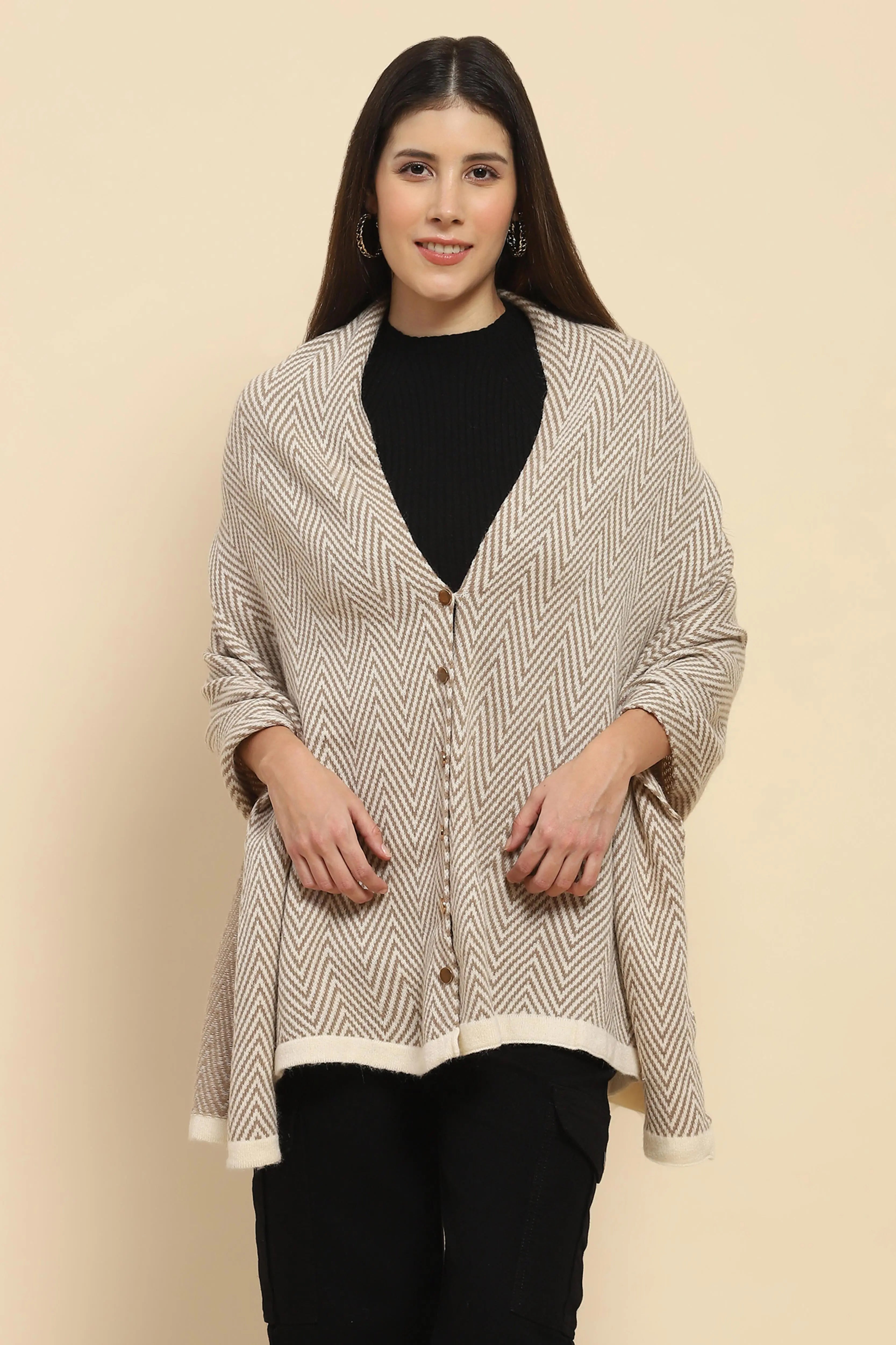 Beige Viscose Knitted Loose Cape/ Shawl - Global Republic