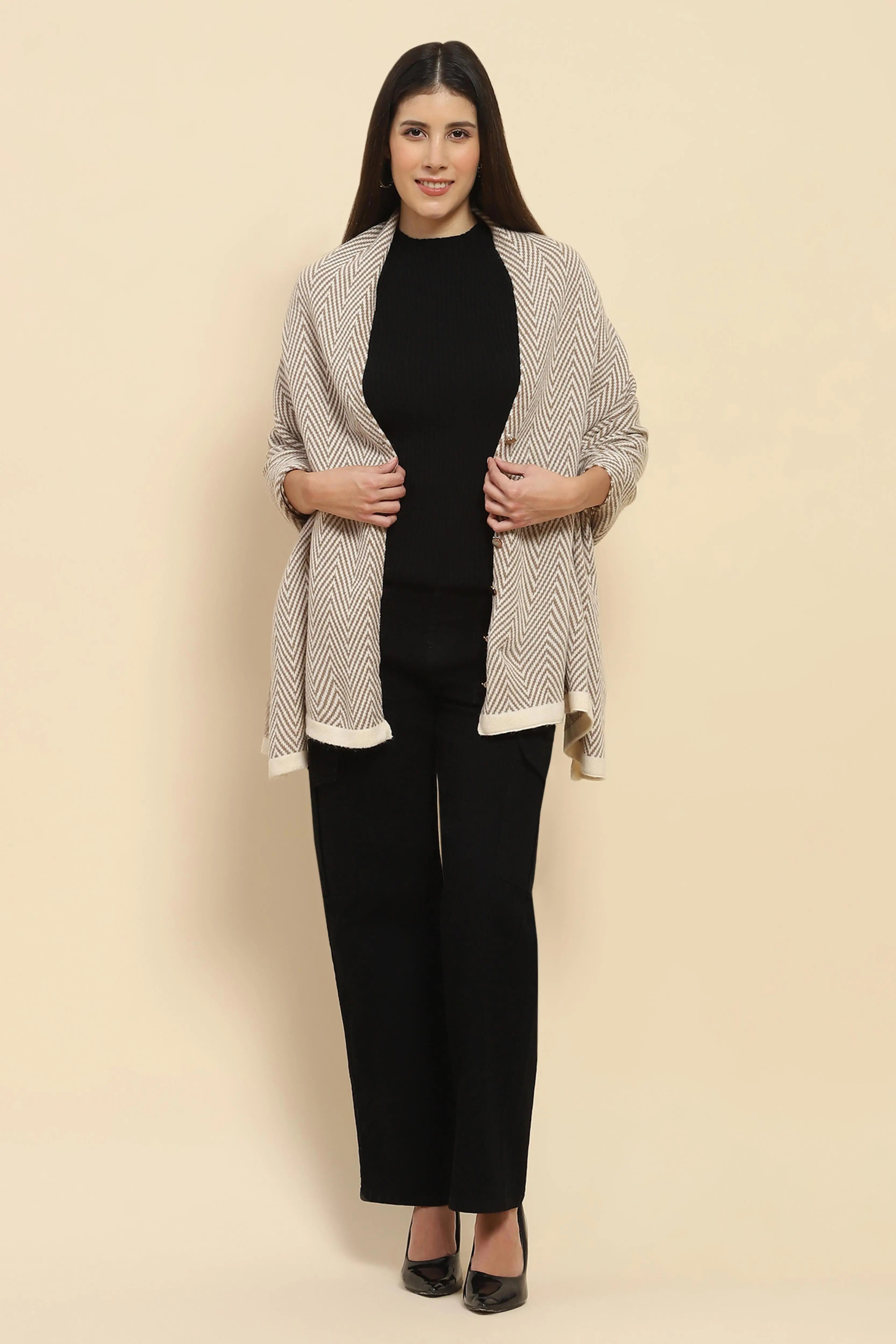 Beige Viscose Knitted Loose Cape/ Shawl - Global Republic