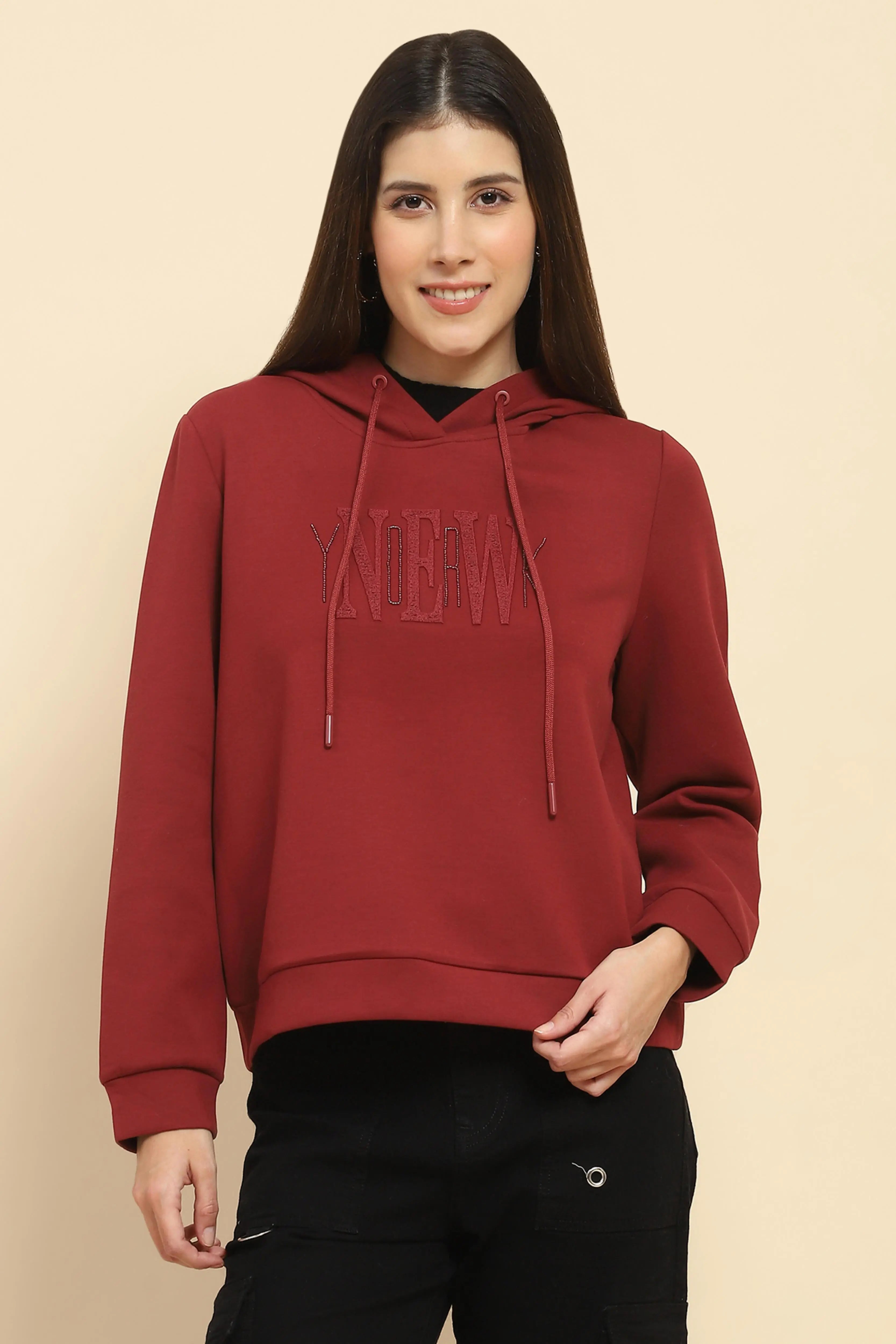 Maroon  Embroidered Hood Sweatshirt - Global Republic