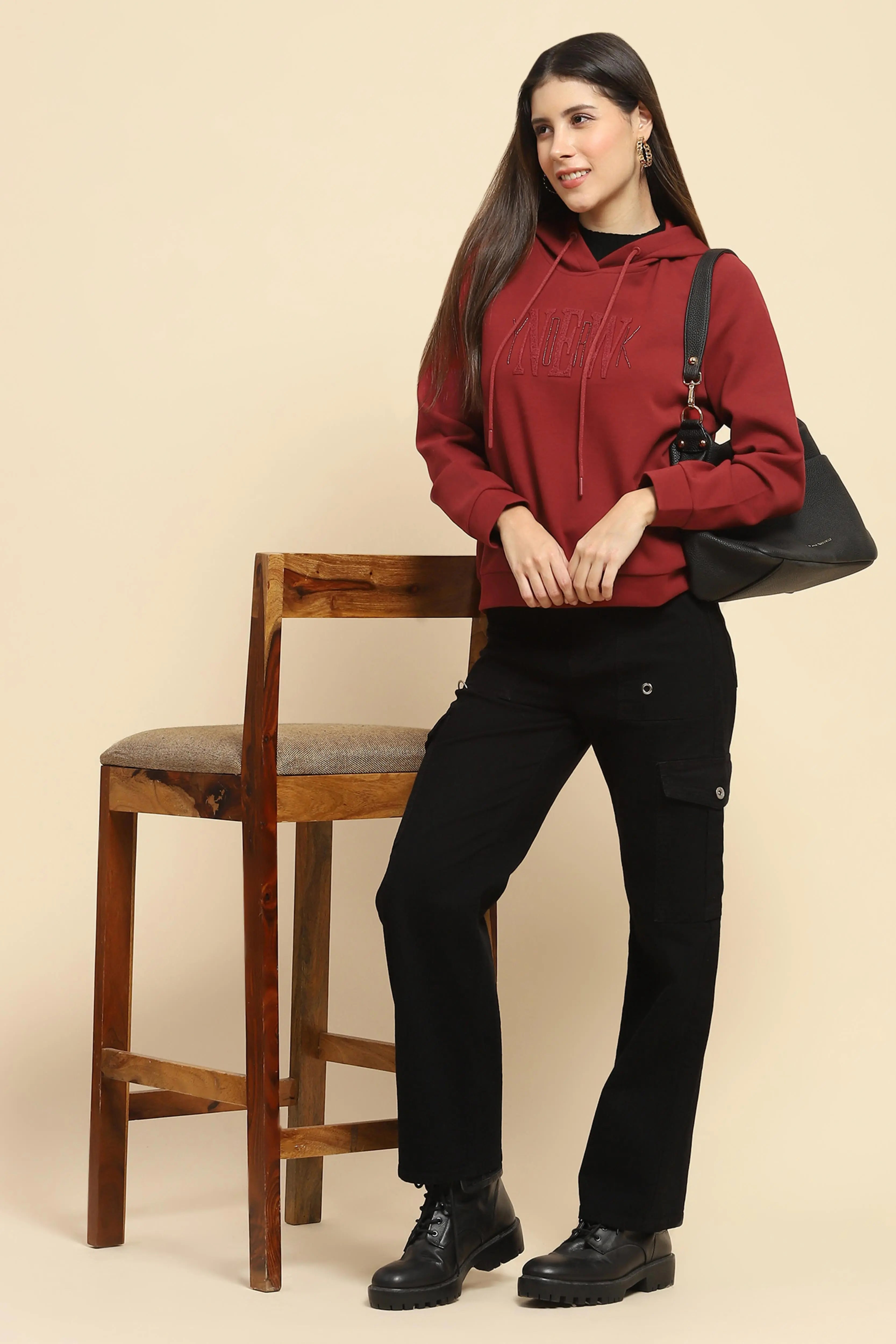 Maroon  Embroidered Hood Sweatshirt - Global Republic