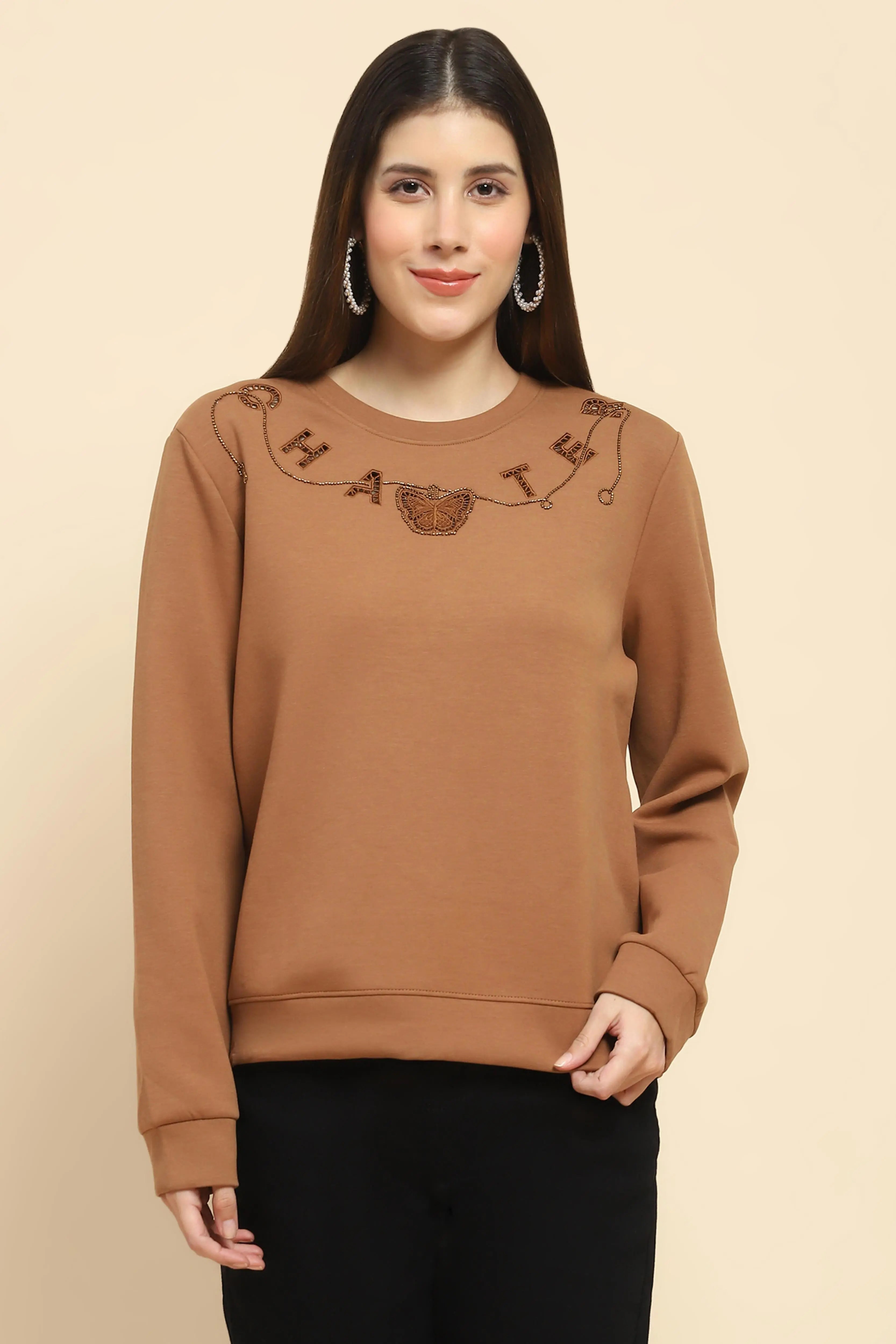 Brown  Embellished Sweatshirt - Global Republic