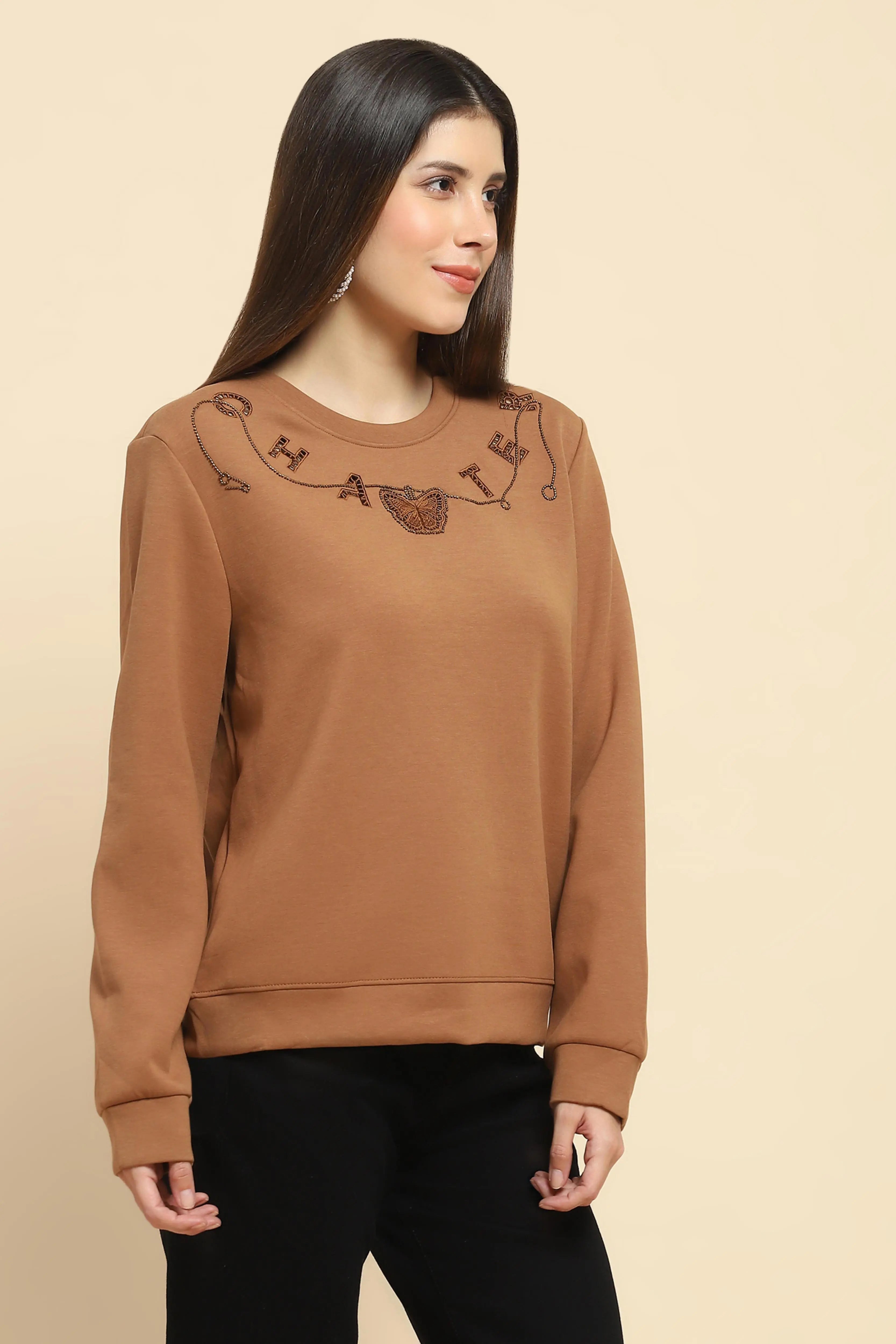 Brown  Embellished Sweatshirt - Global Republic