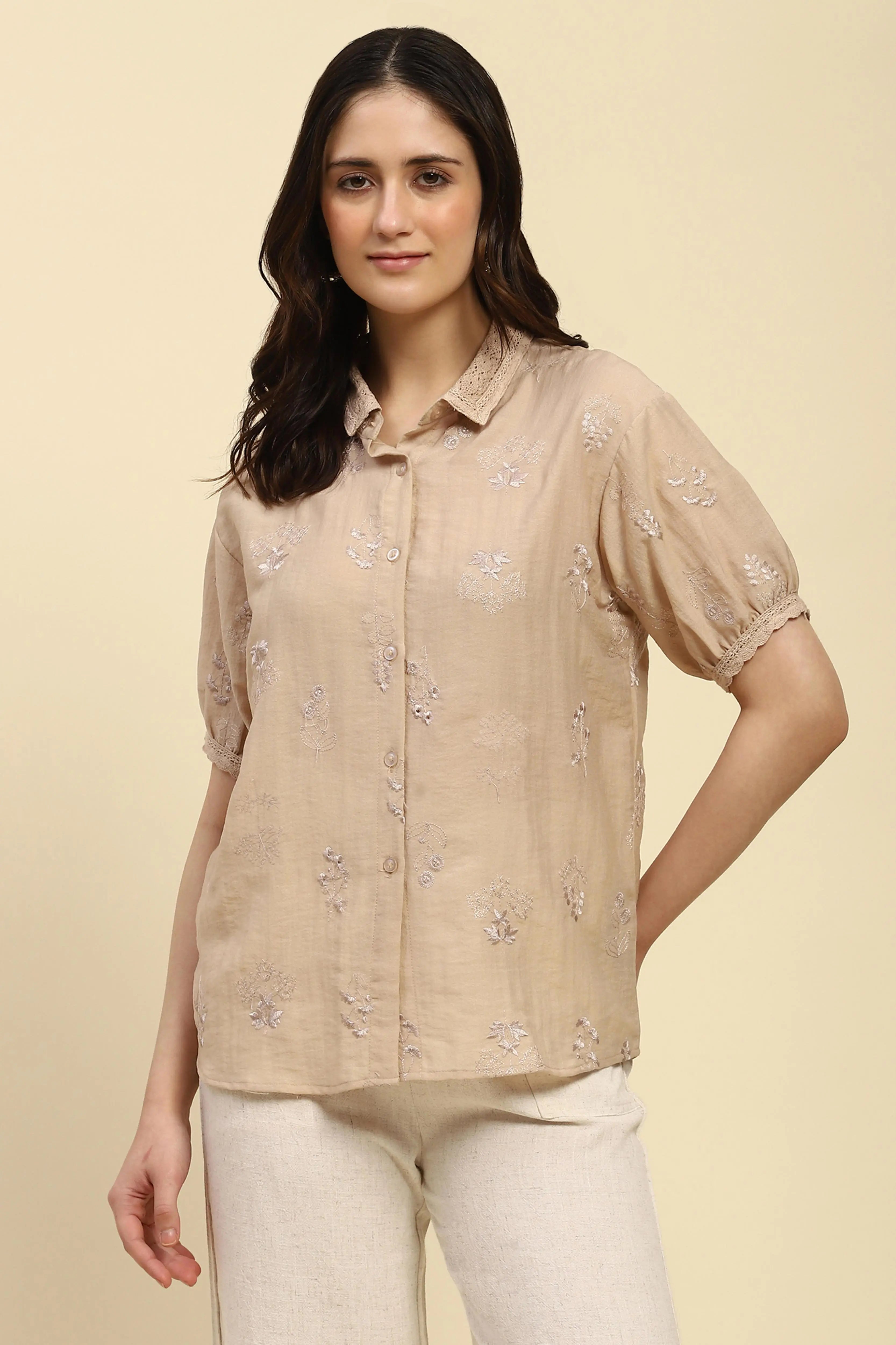 Beige Embroidered  Shirt - Global Republic