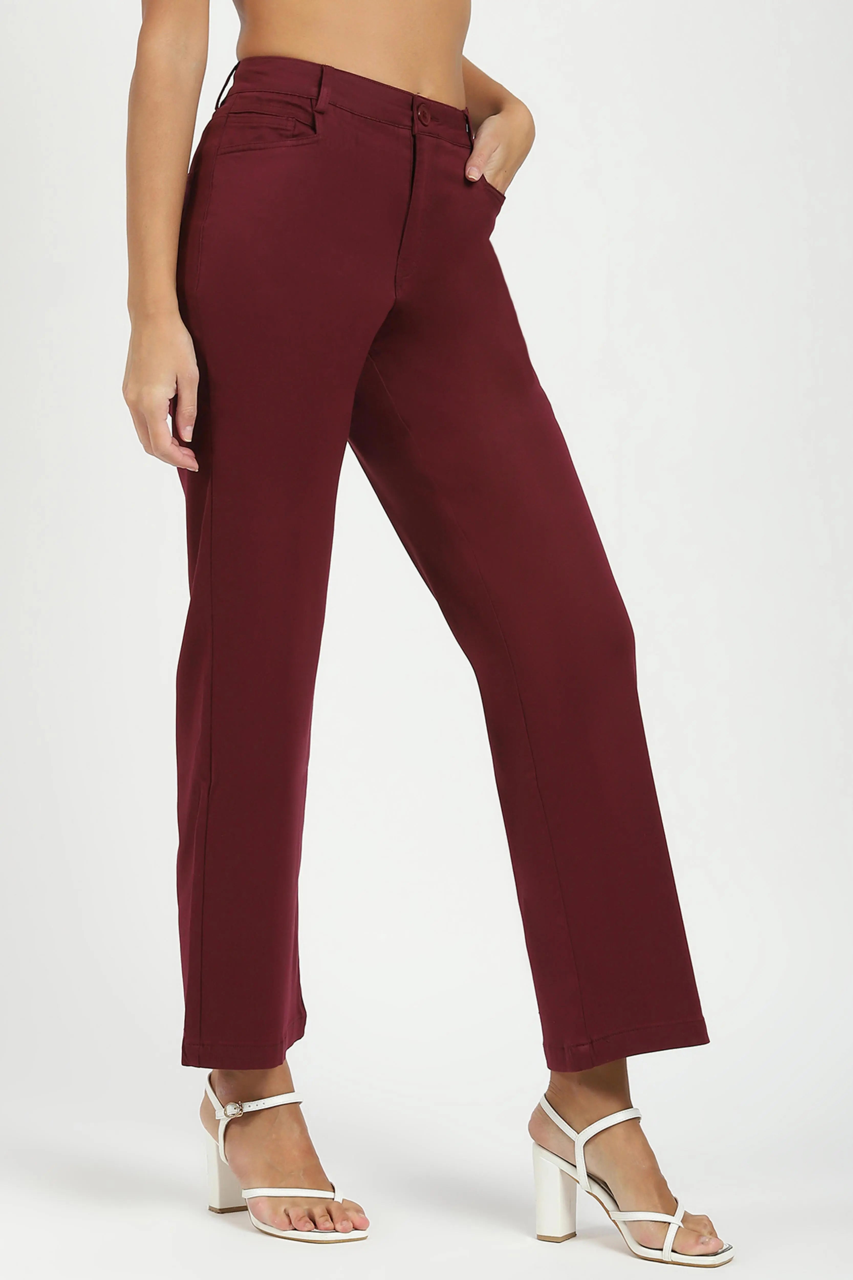 Wine Stretchable Loose Fit Trousers - Global Republic