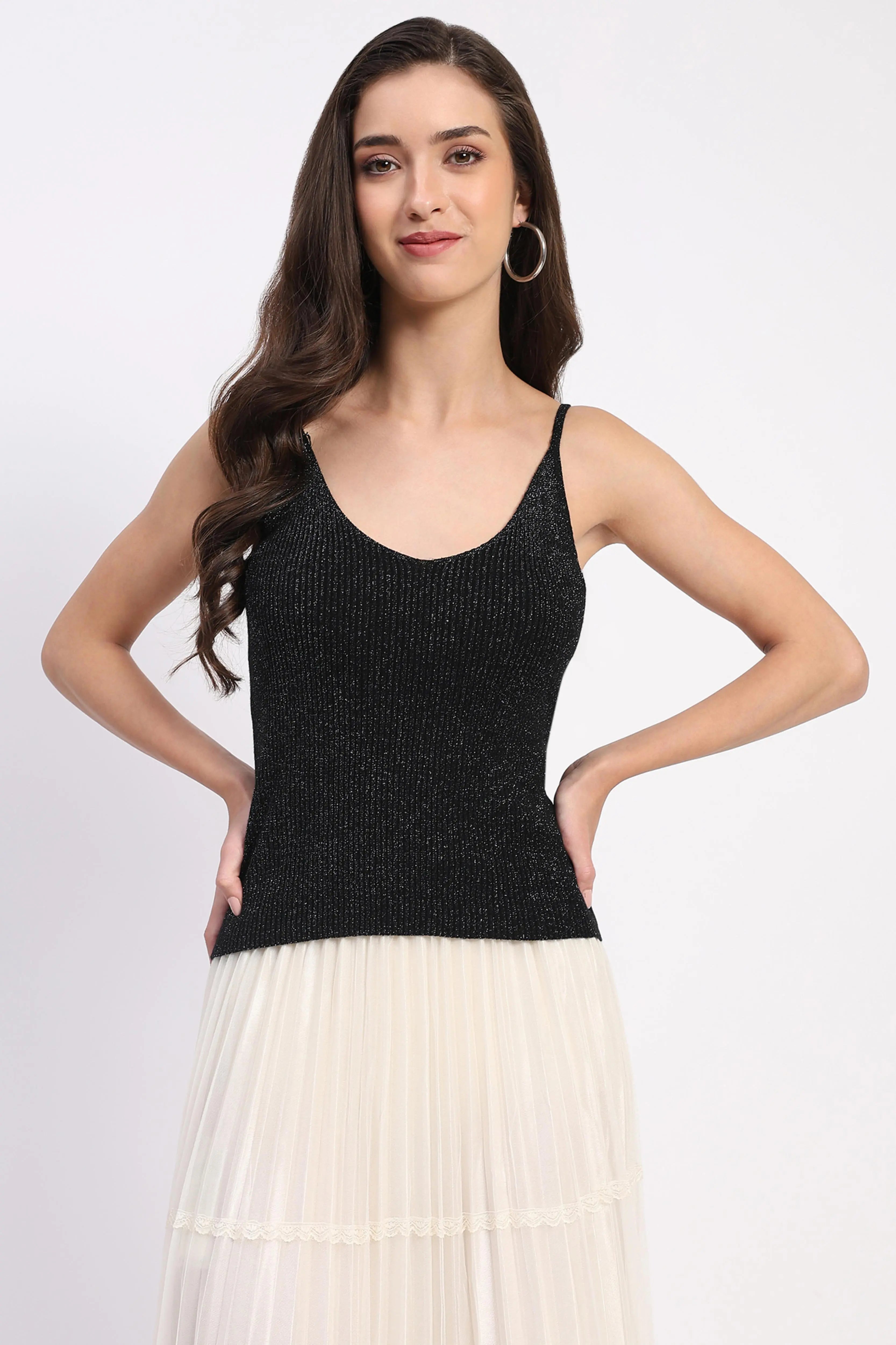 Shimmer Ribbed Two-Way Neck Top - Global Republic