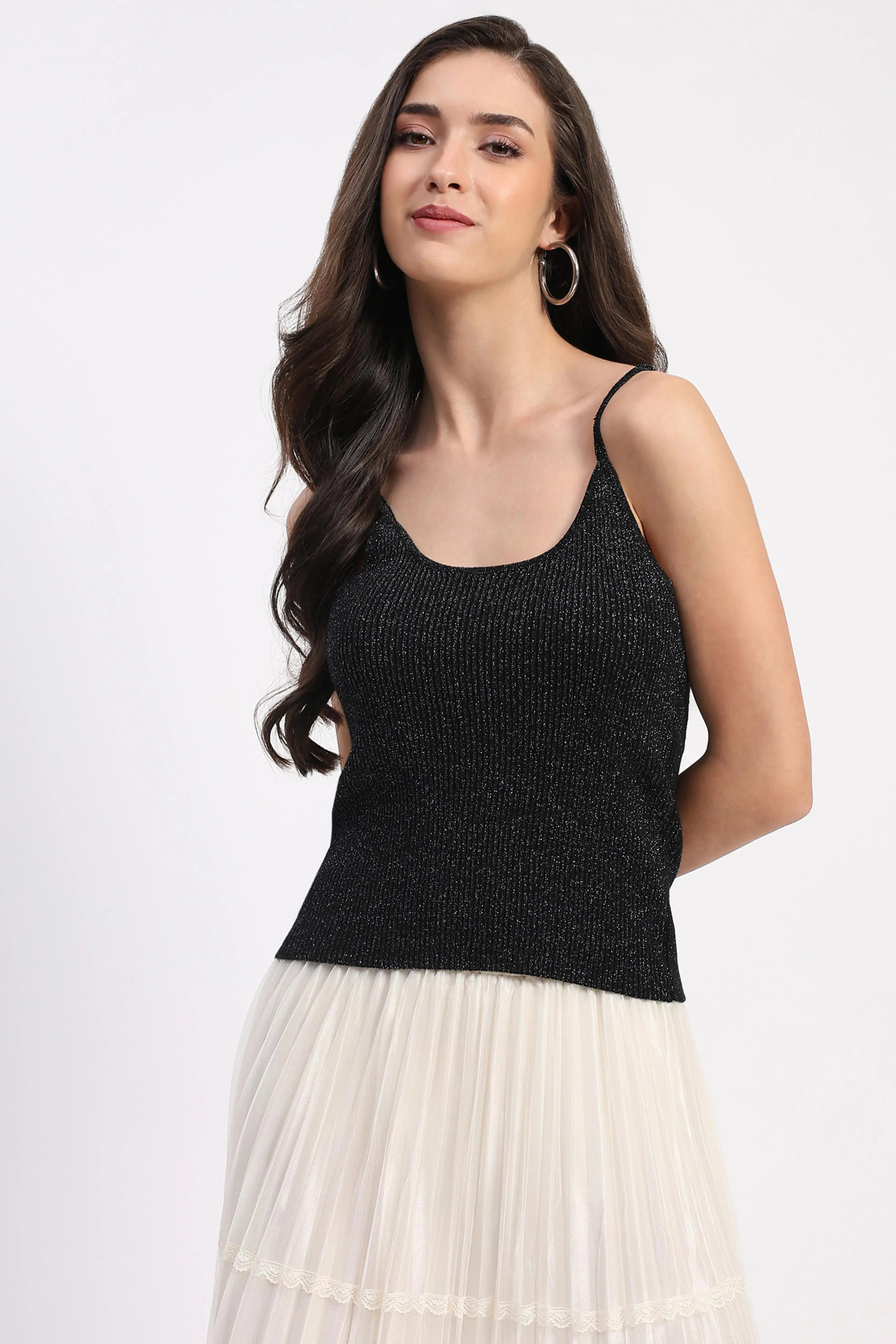 Shimmer Ribbed Two-Way Neck Top - Global Republic