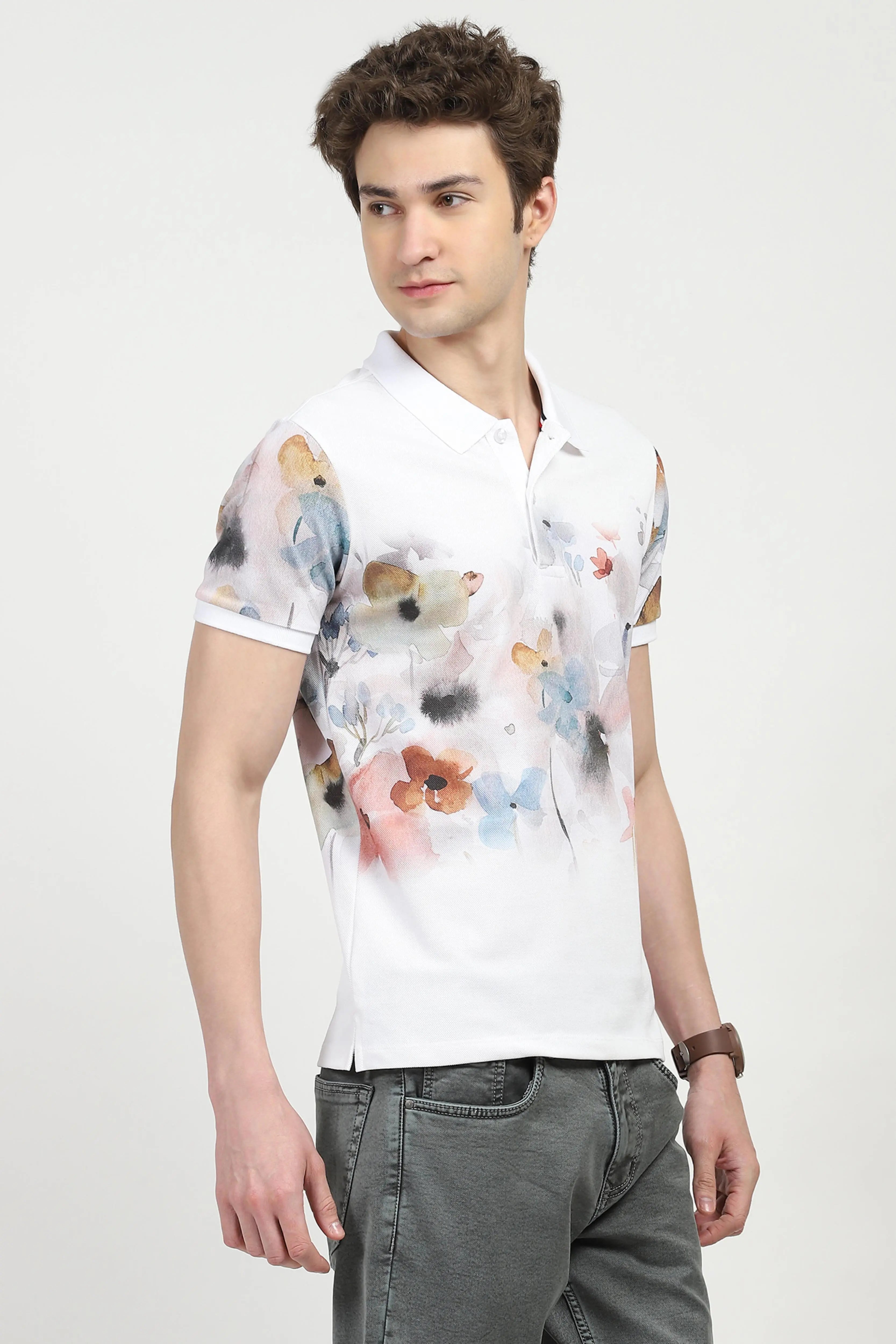 White Floral Print Polo T-Shirt - Global Republic