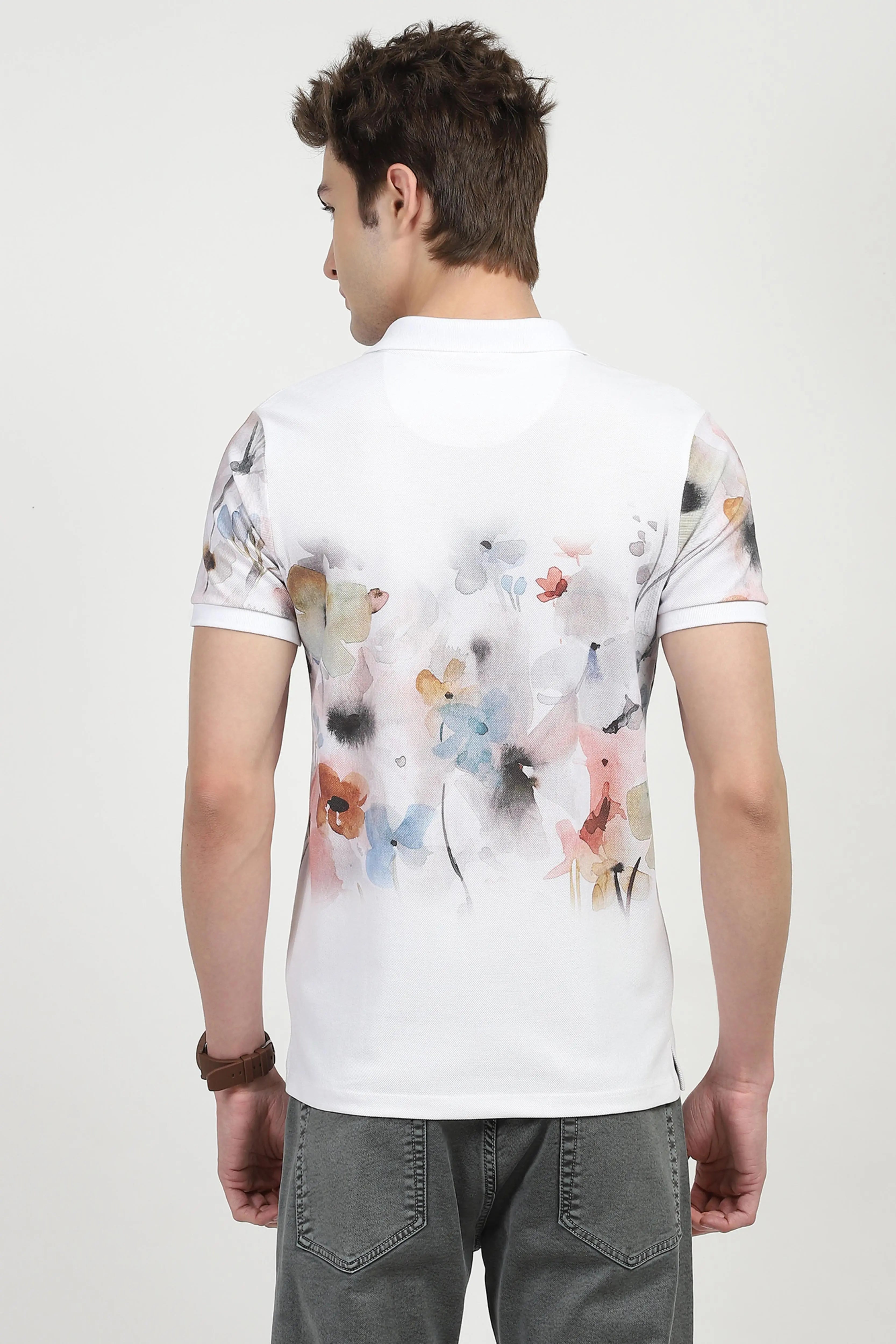 White Floral Print Polo T-Shirt - Global Republic