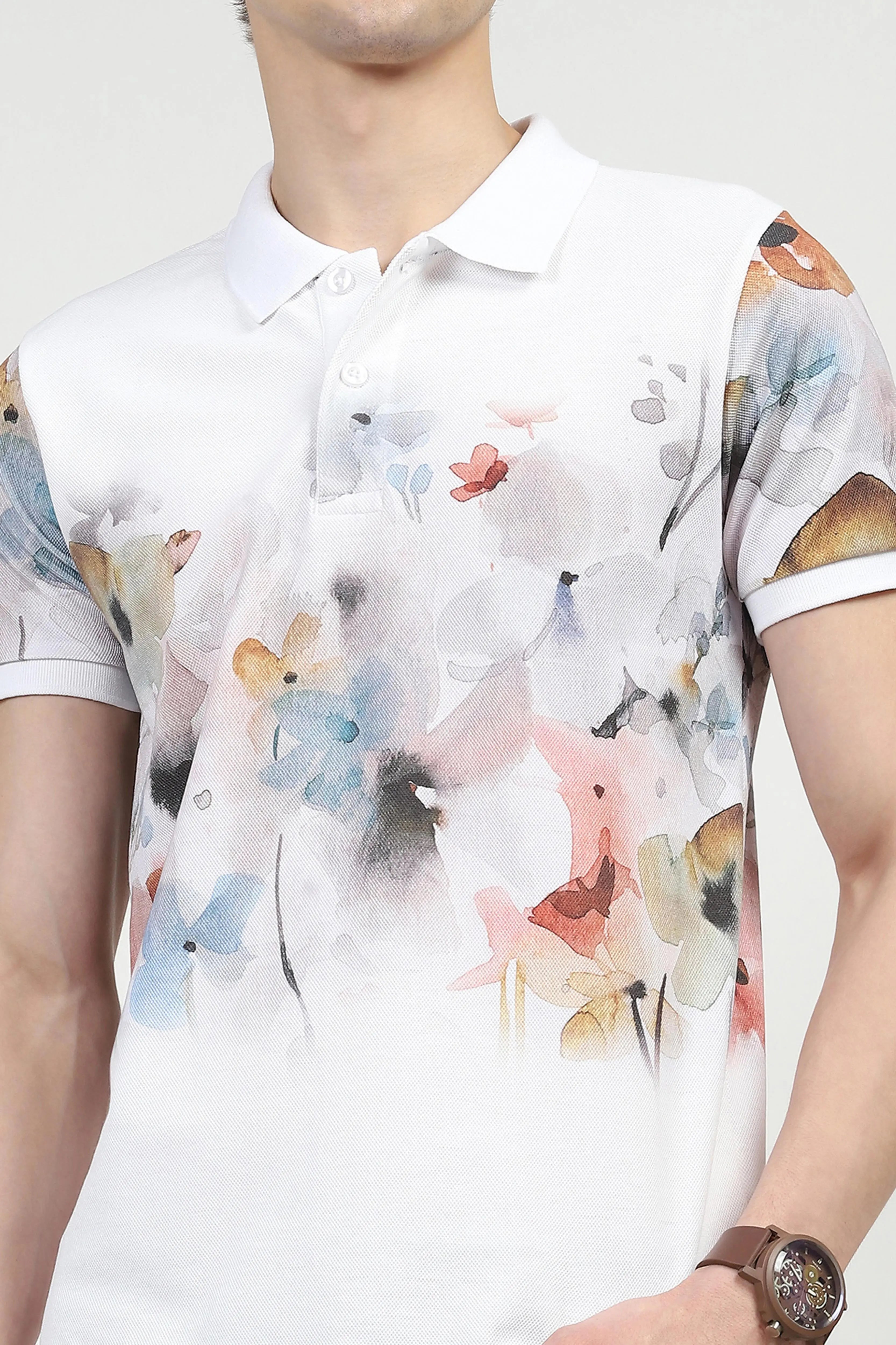 White Floral Print Polo T-Shirt - Global Republic