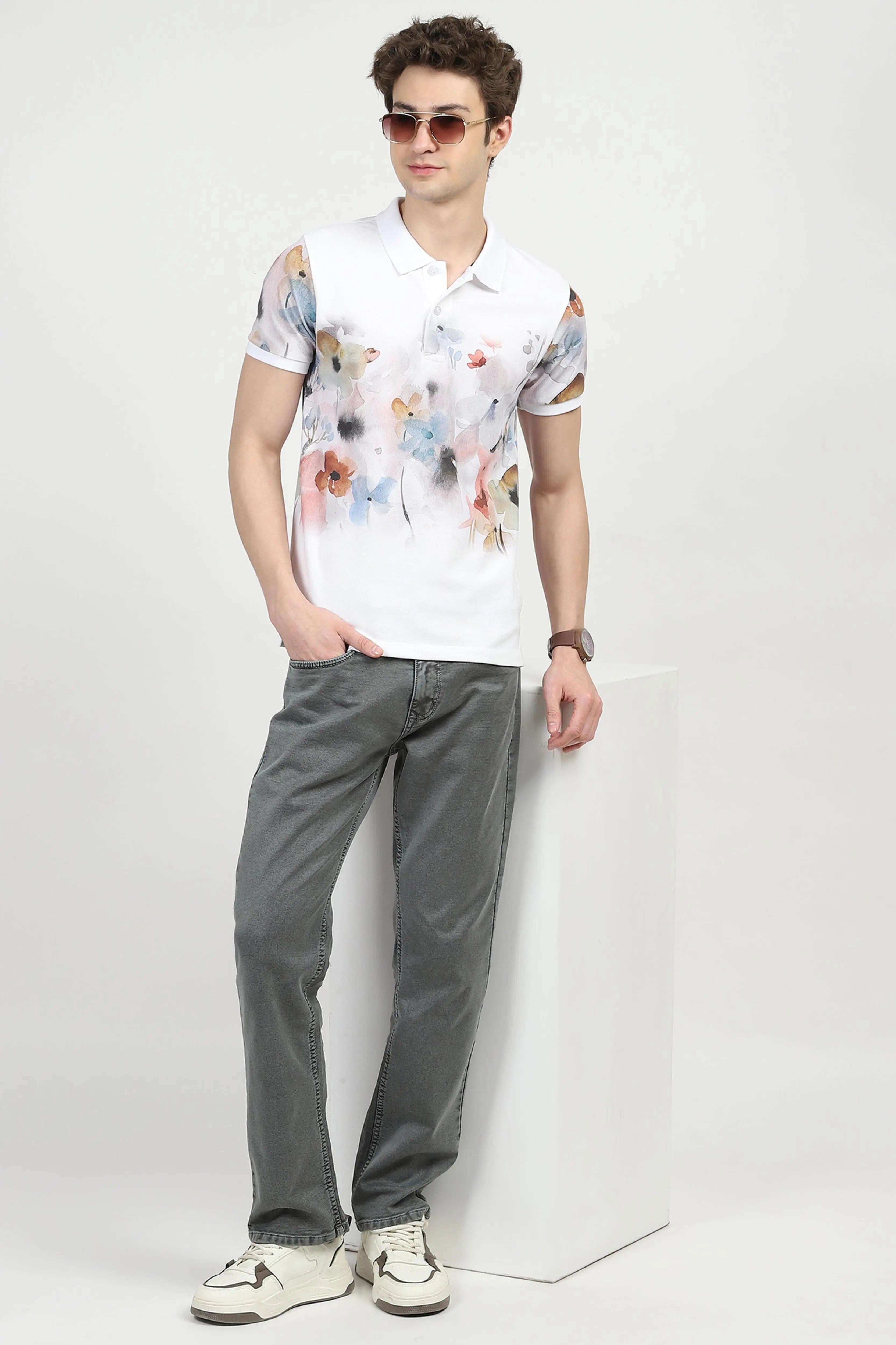 White Floral Print Polo T-Shirt - Global Republic