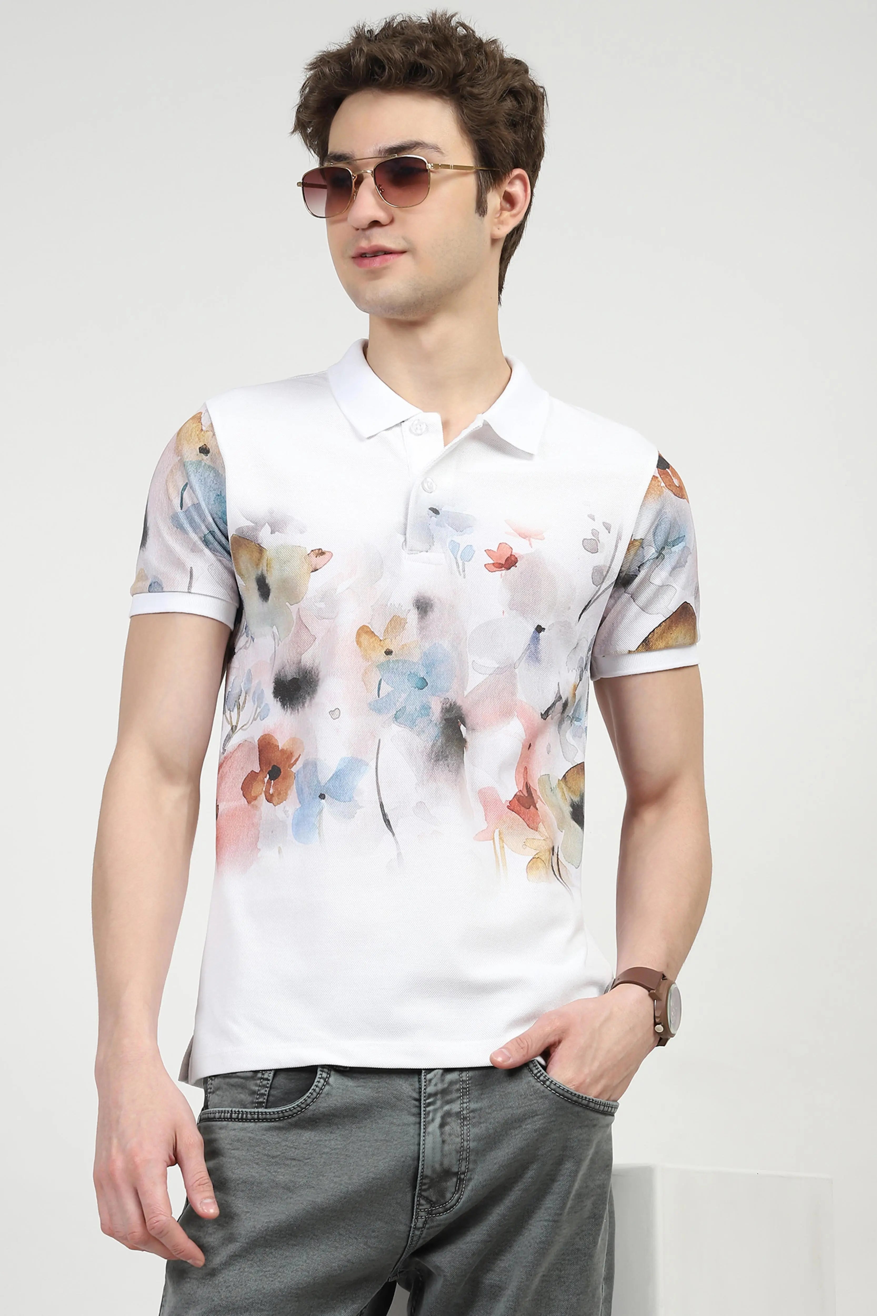 White Floral Print Polo T-Shirt - Global Republic