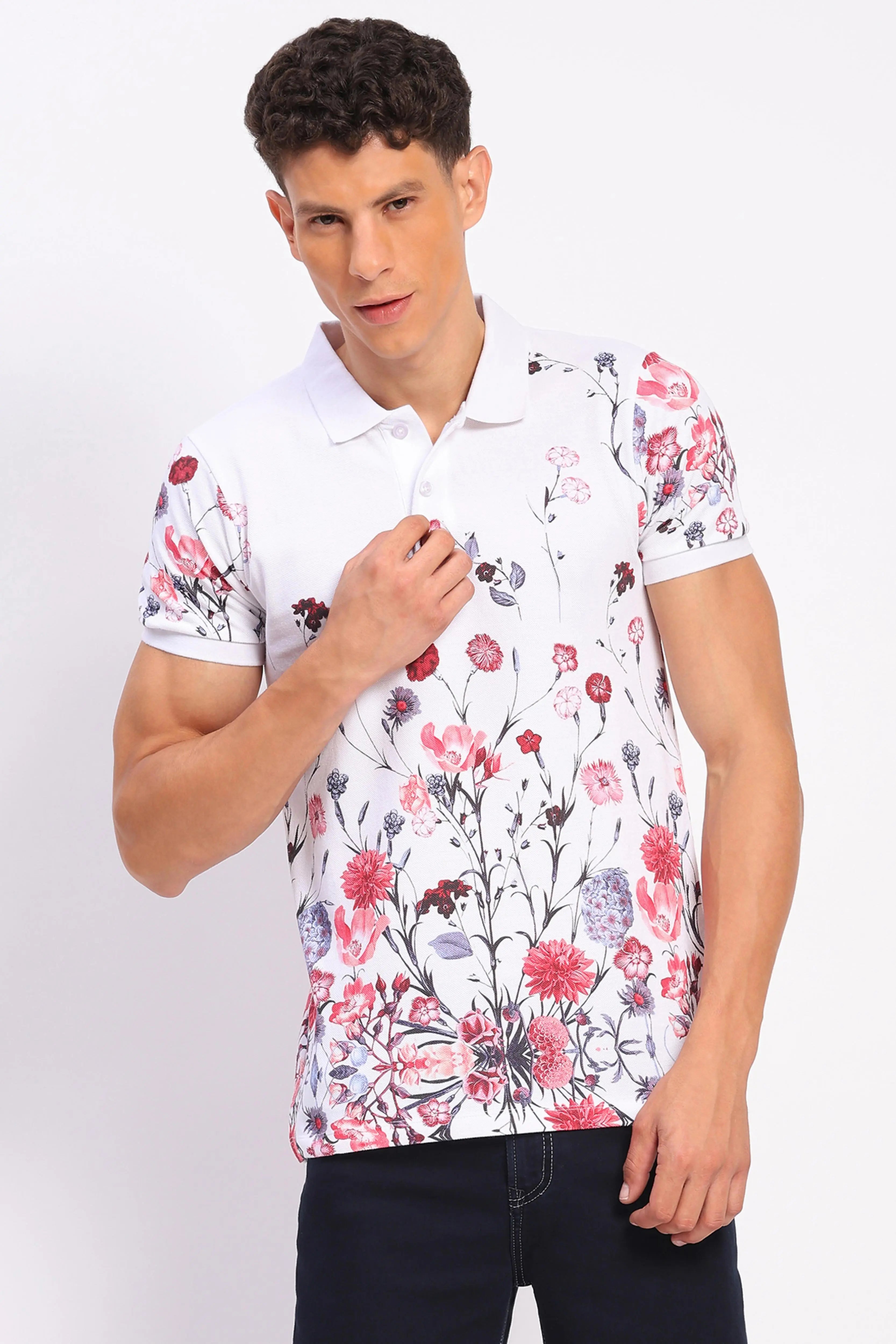 Floral Print 100% Cotton Polo T-Shirt - Global Republic