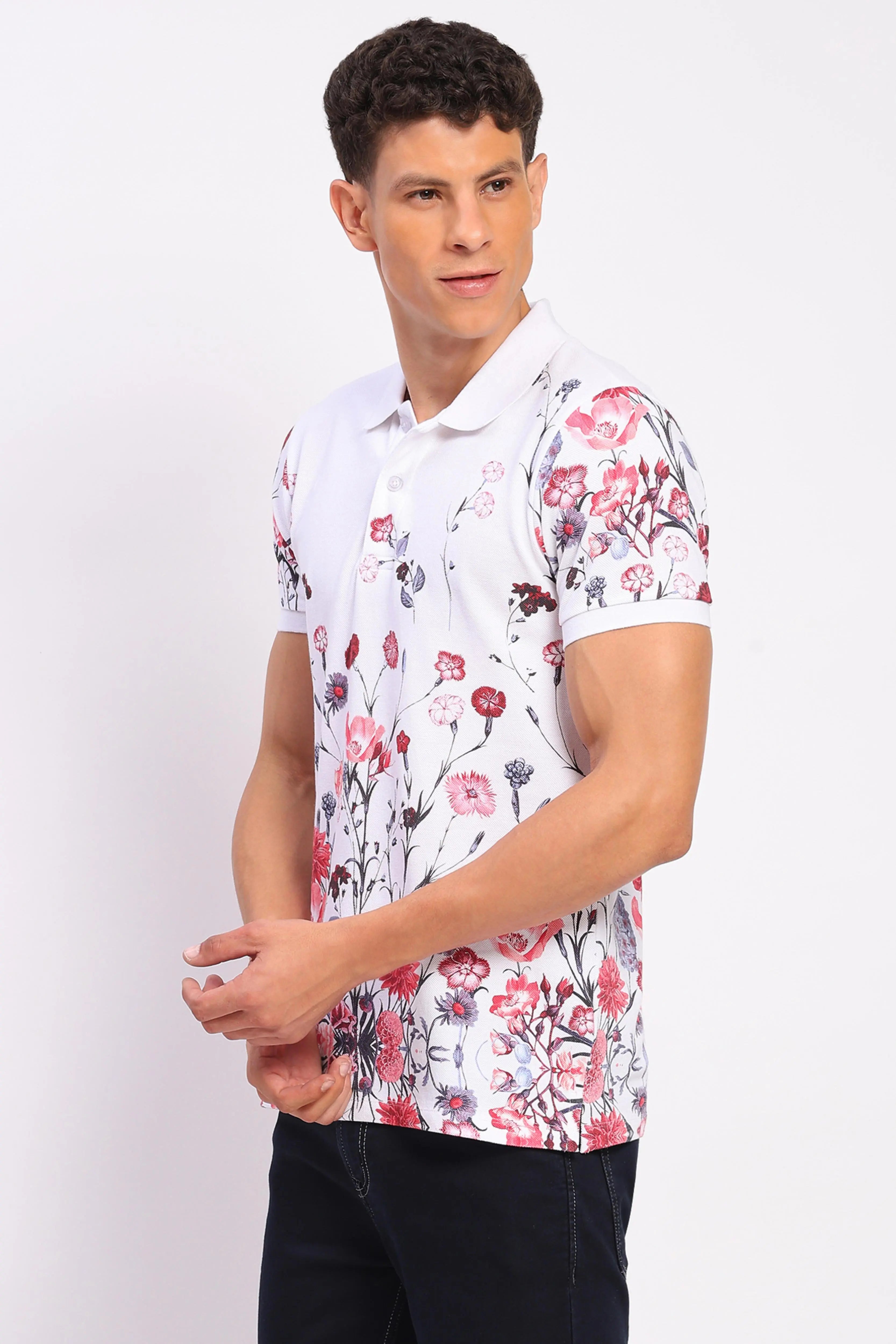 Floral Print 100% Cotton Polo T-Shirt - Global Republic