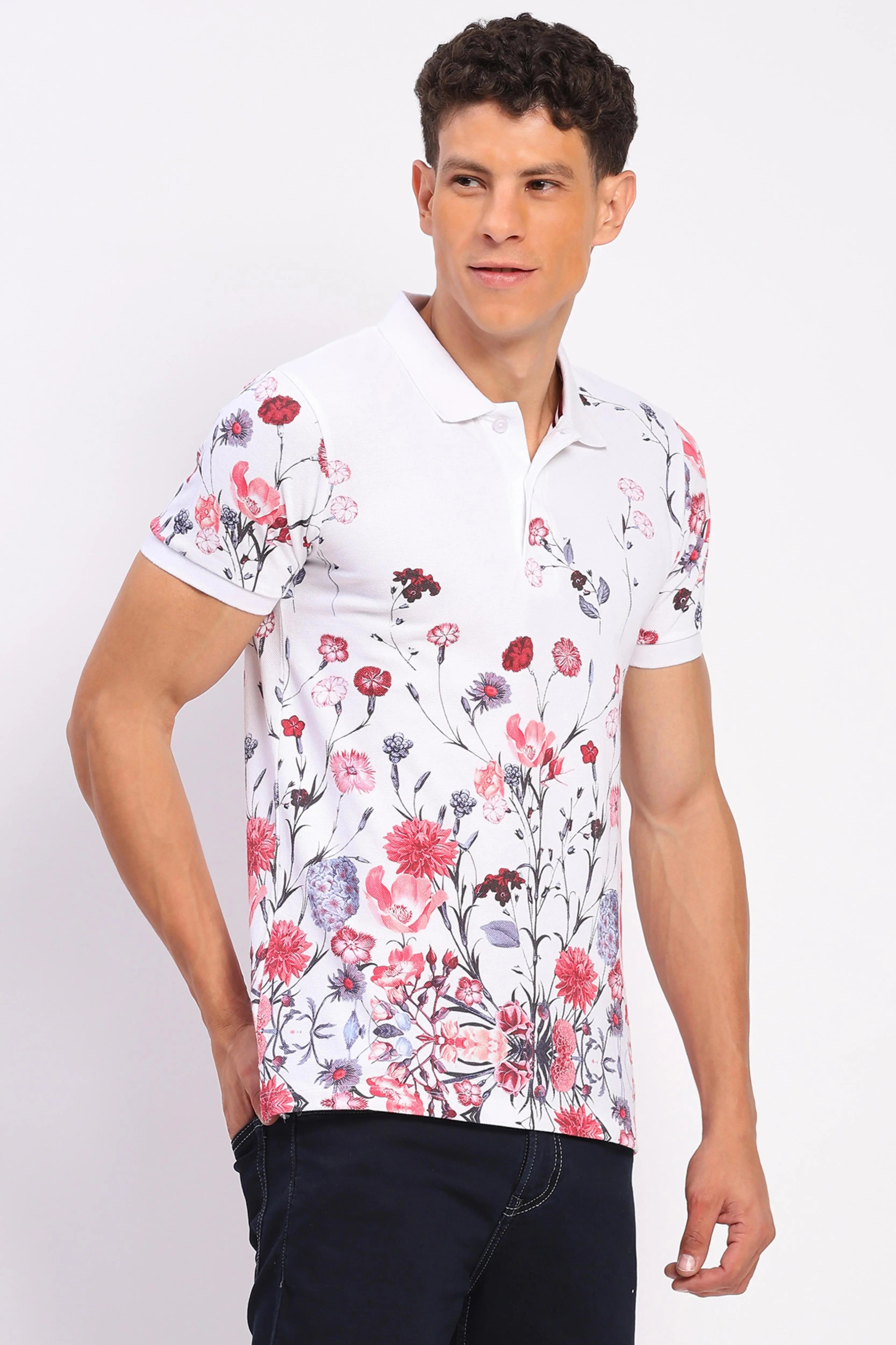Floral Print 100% Cotton Polo T-Shirt - Global Republic