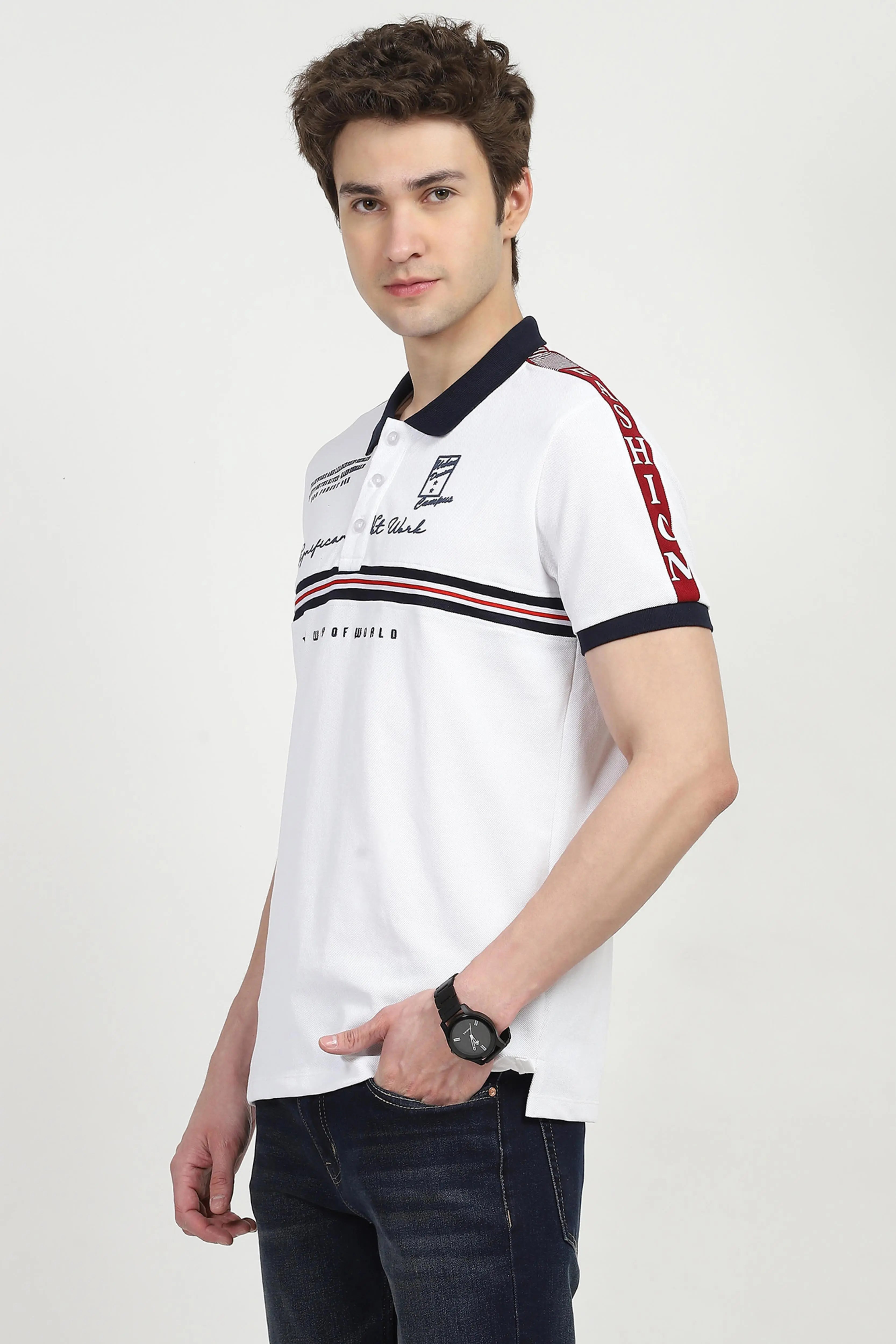 White Typography Cotton Polo T-shirt - Global Republic