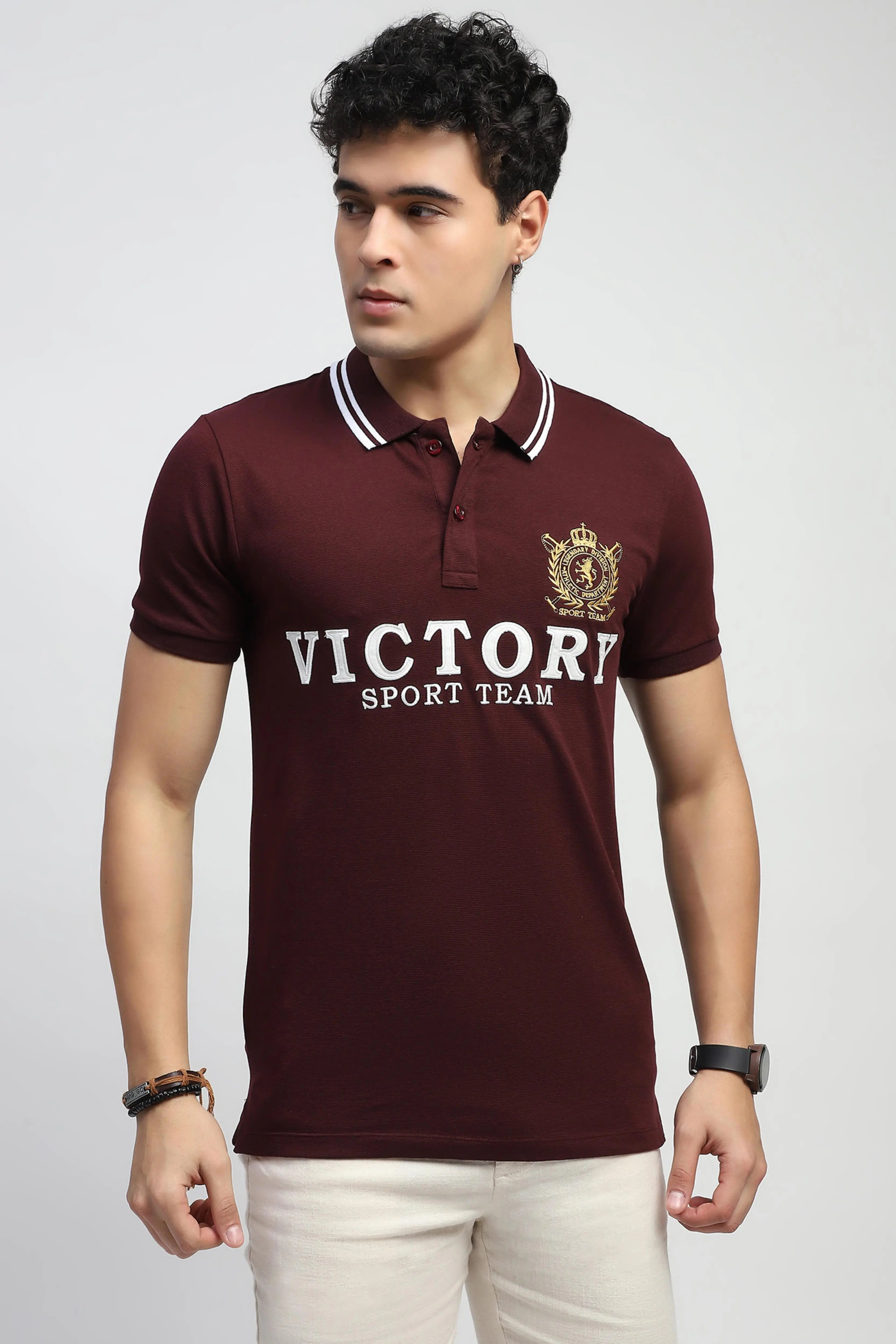 Wine Embroidered Cotton Polo T-Shirt - Global Republic