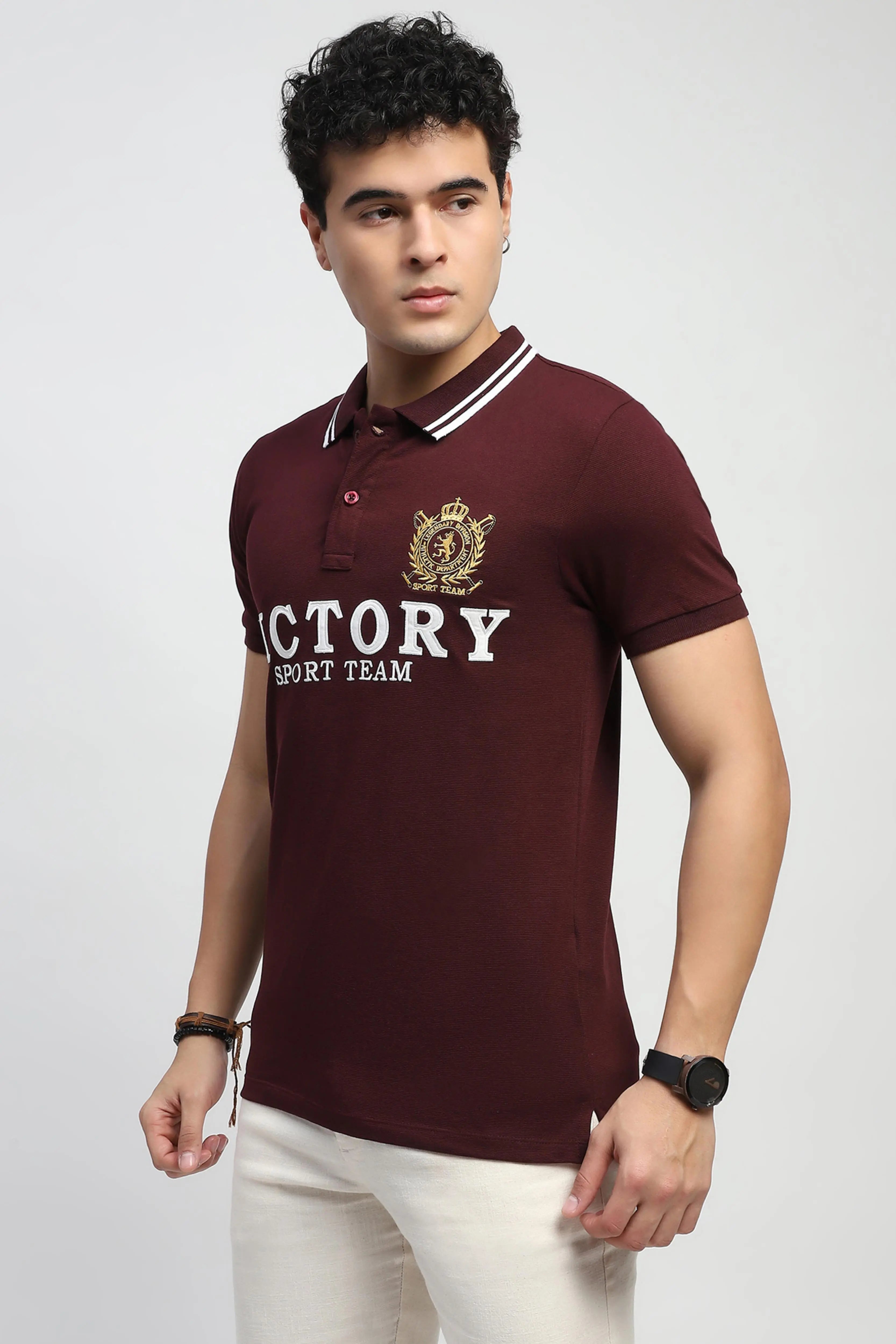 Wine Embroidered Cotton Polo T-Shirt - Global Republic