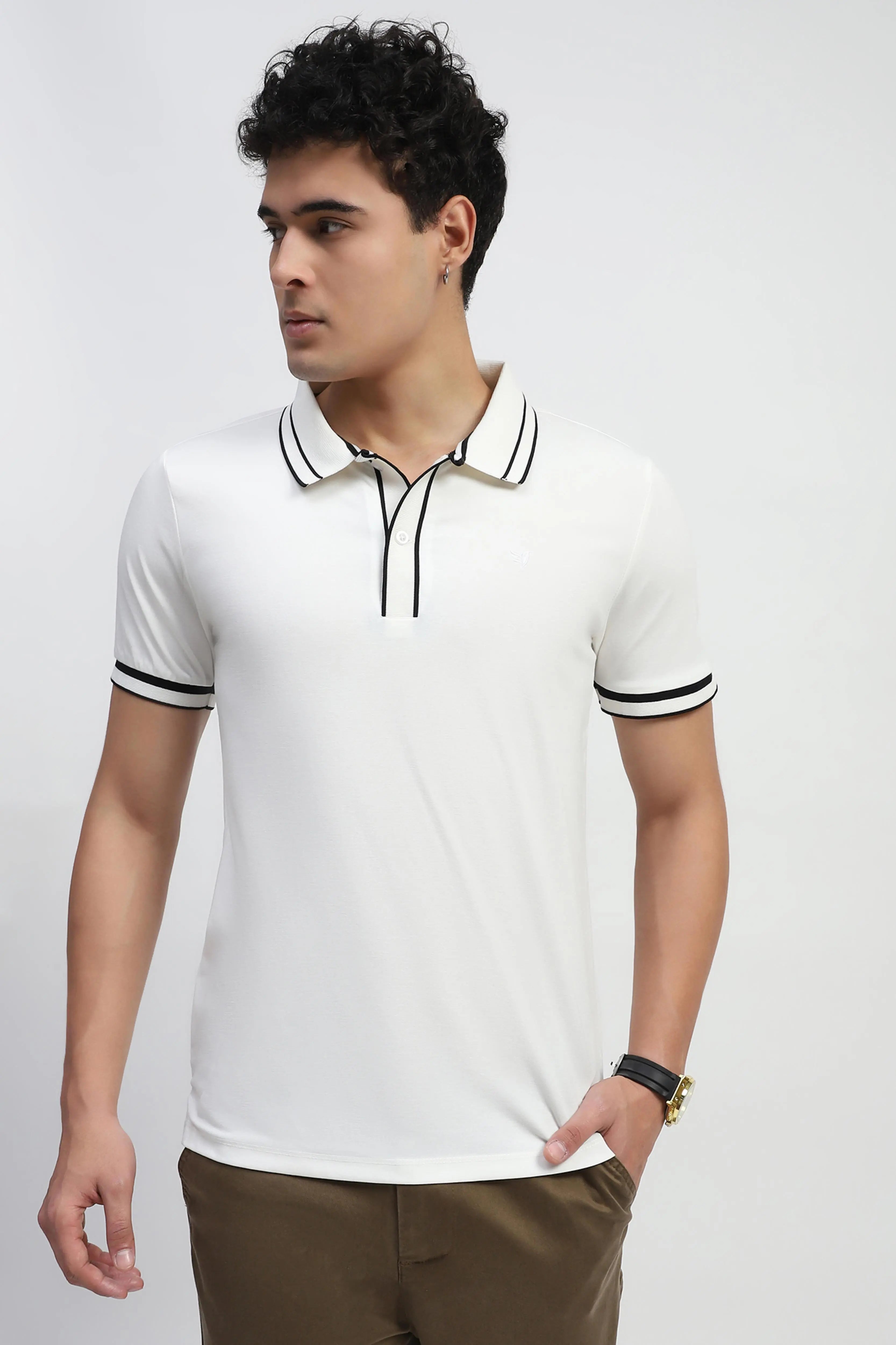 White Solid Cotton Blend Polo T-Shirt - Global Republic