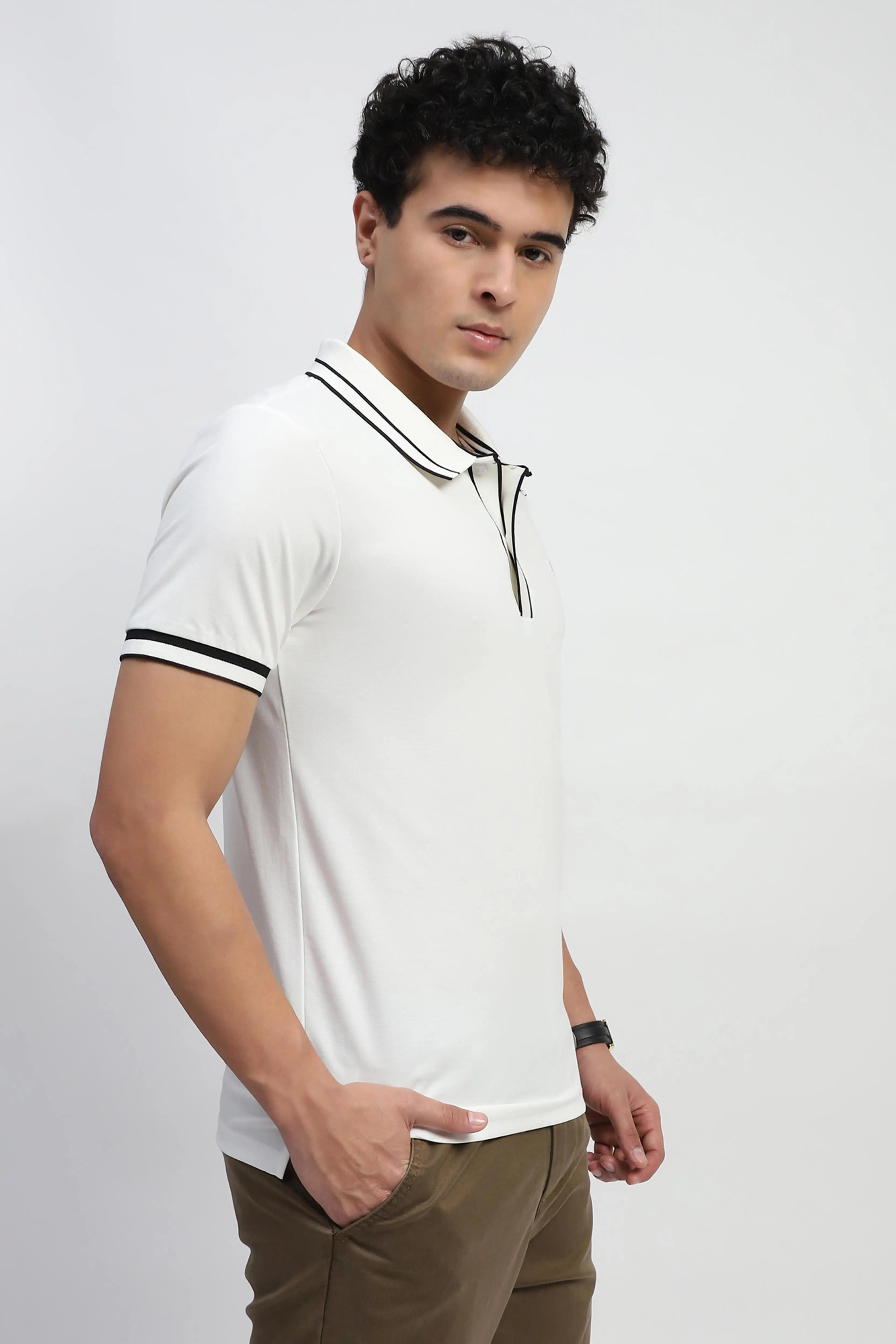 White Solid Cotton Blend Polo T-Shirt - Global Republic