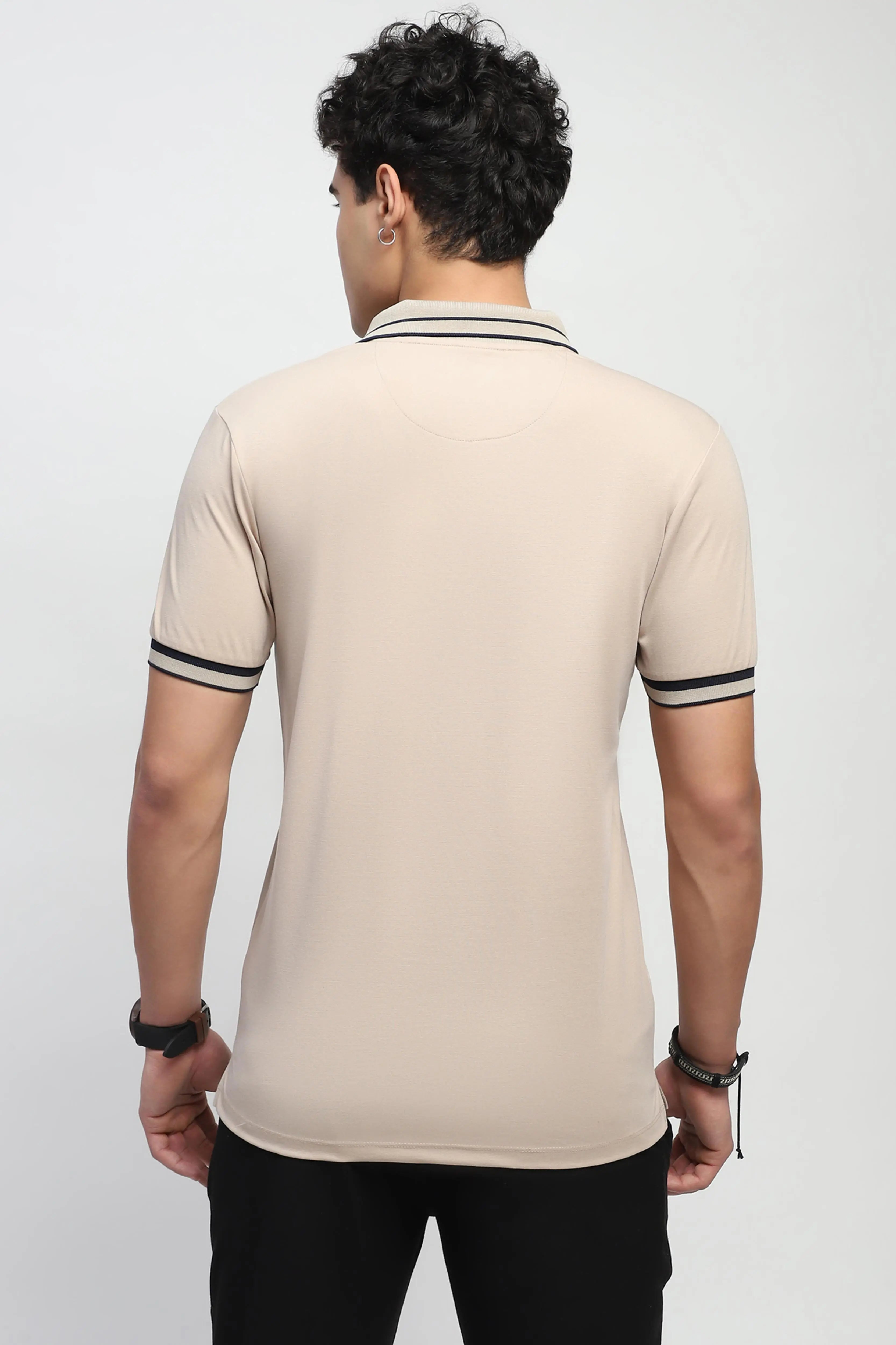 Beige Solid Cotton Blend Polo T-Shirt - Global Republic
