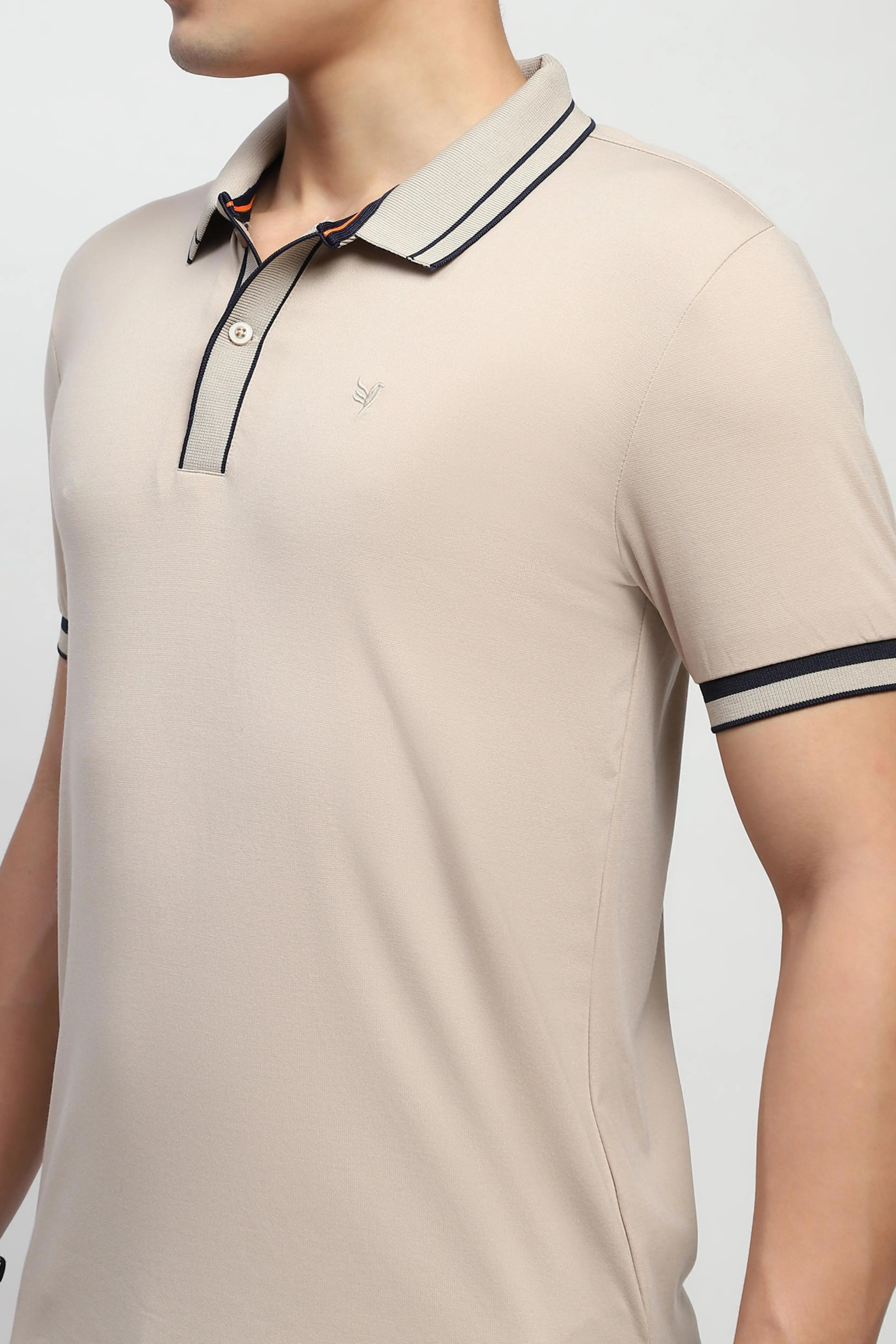 Beige Solid Cotton Blend Polo T-Shirt - Global Republic