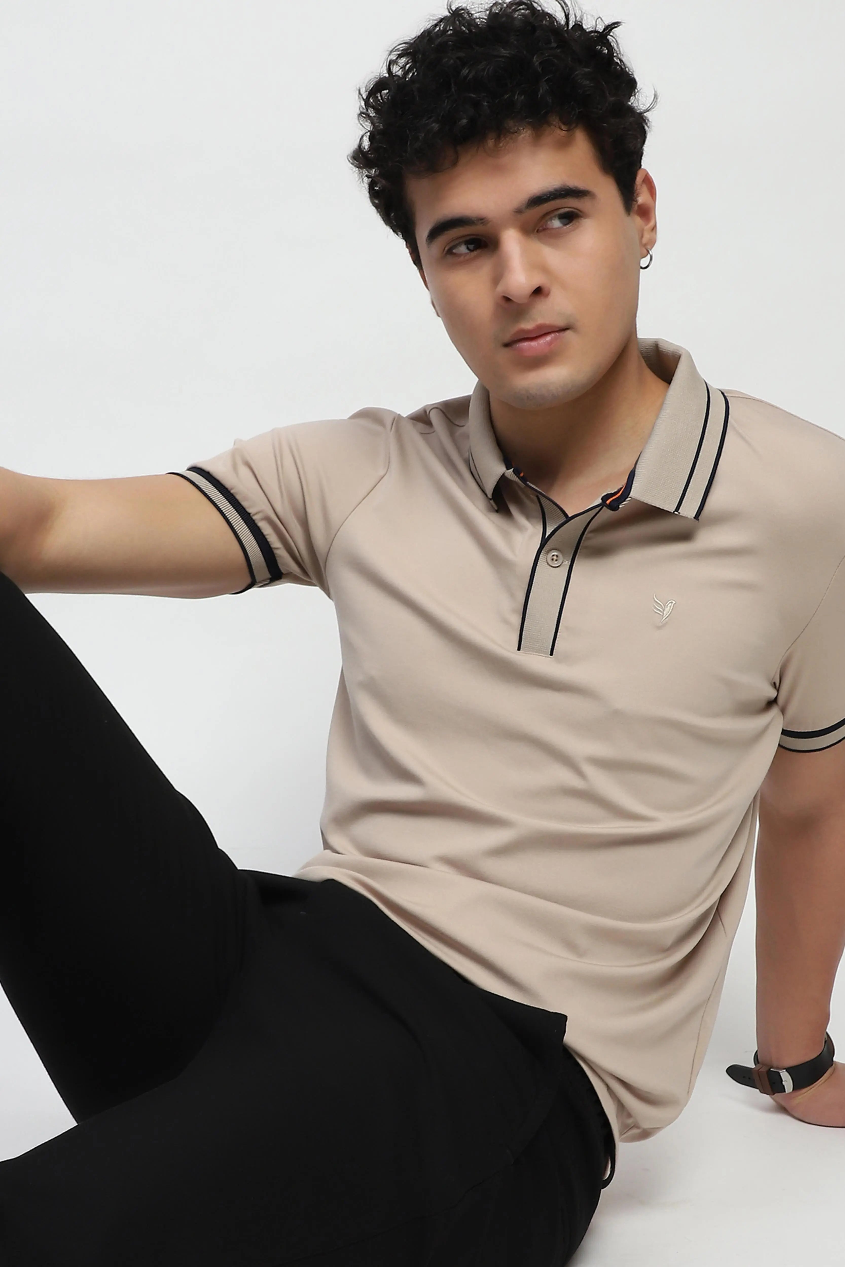 Beige Solid Cotton Blend Polo T-Shirt - Global Republic
