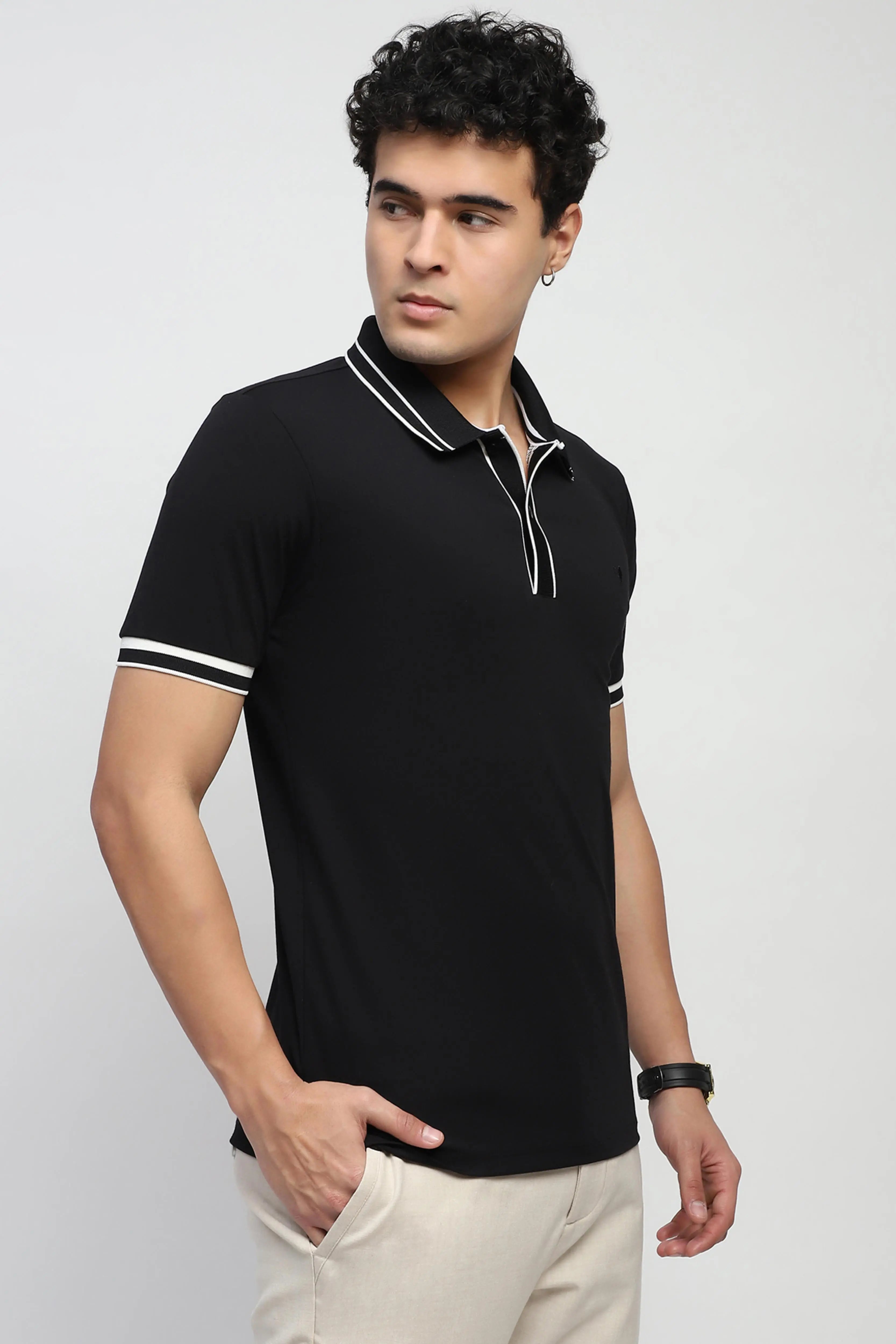 Black Solid Cotton Blend Polo T-Shirt - Global Republic