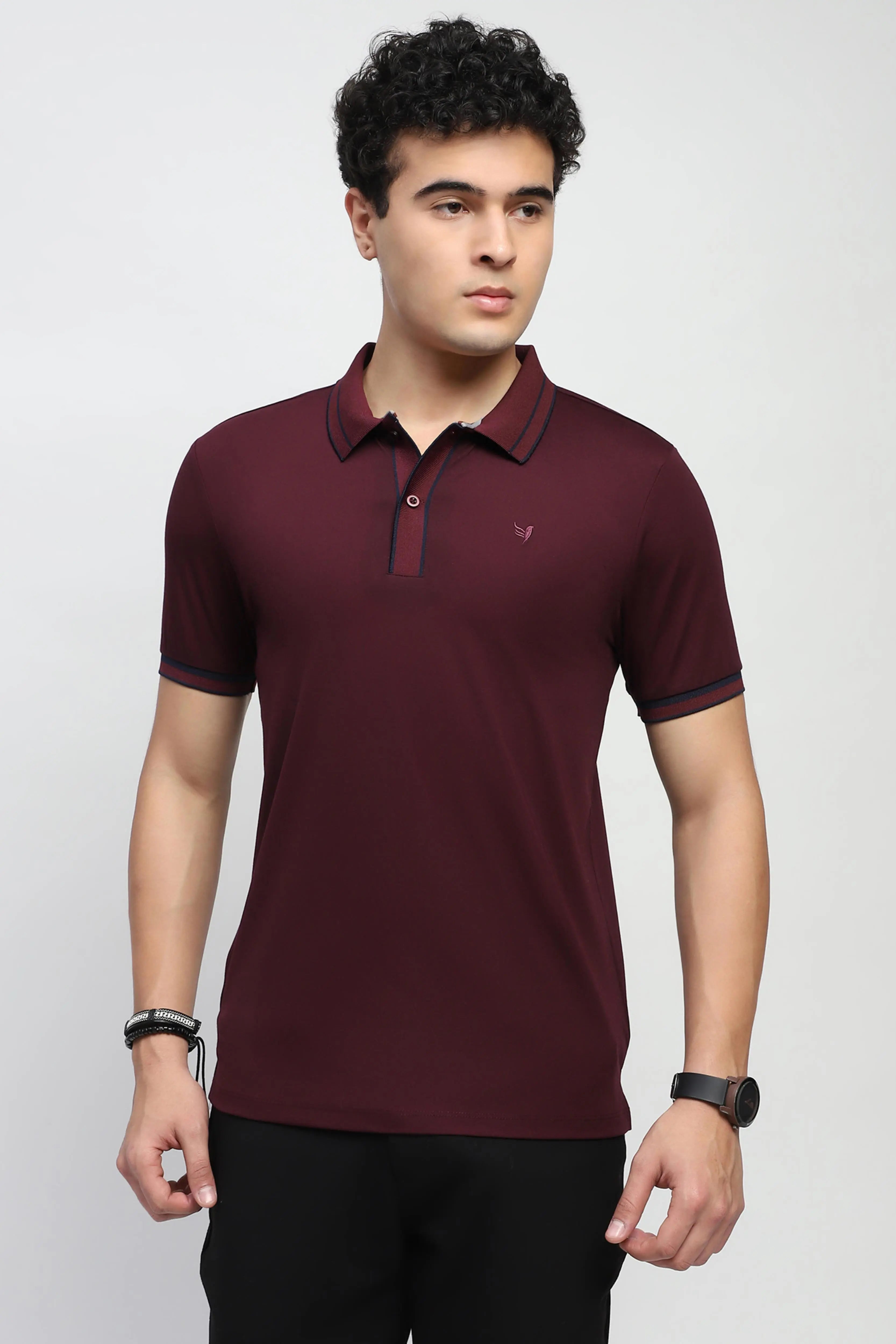 Wine Solid Cotton Blend Polo T-Shirt - Global Republic