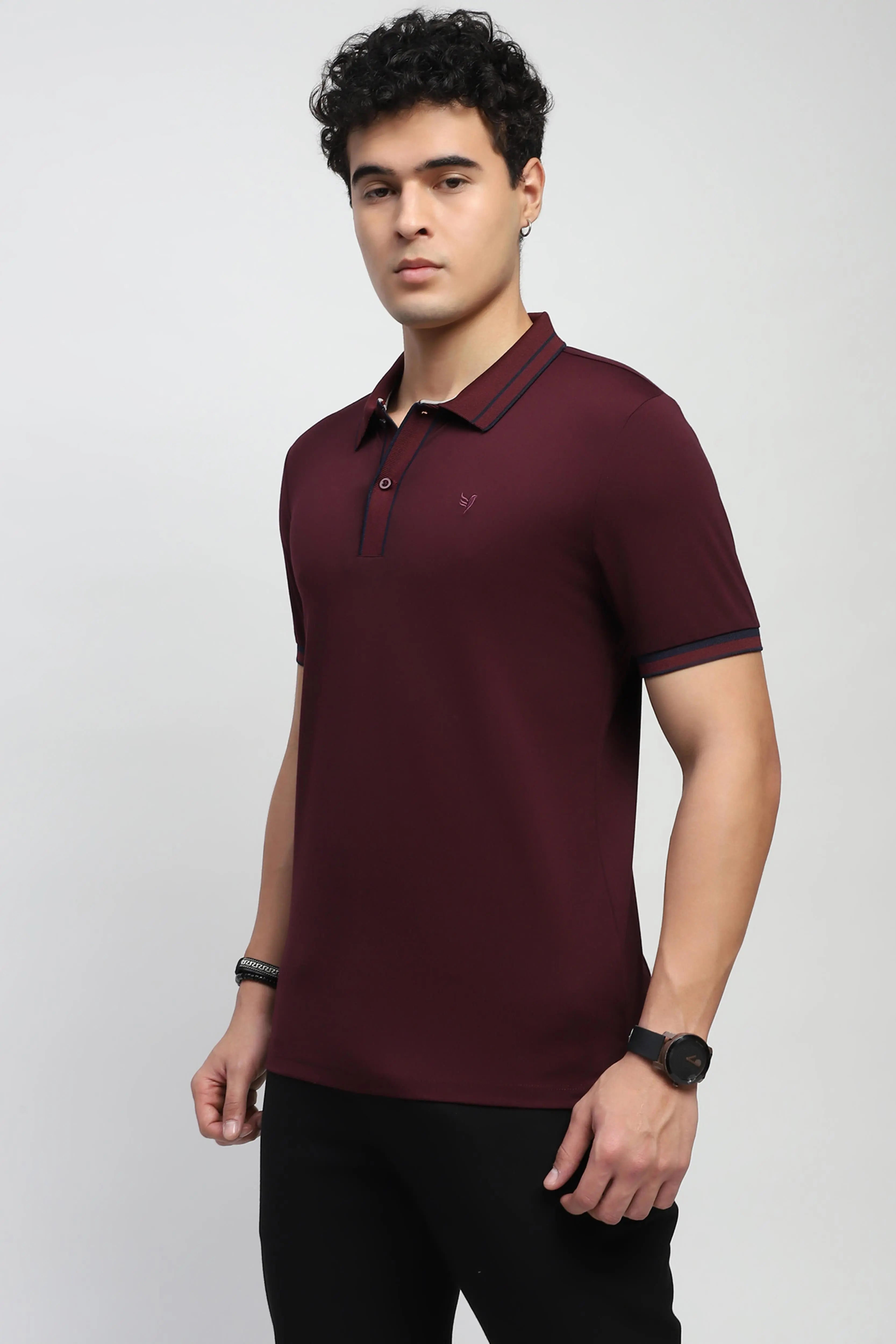 Wine Solid Cotton Blend Polo T-Shirt - Global Republic