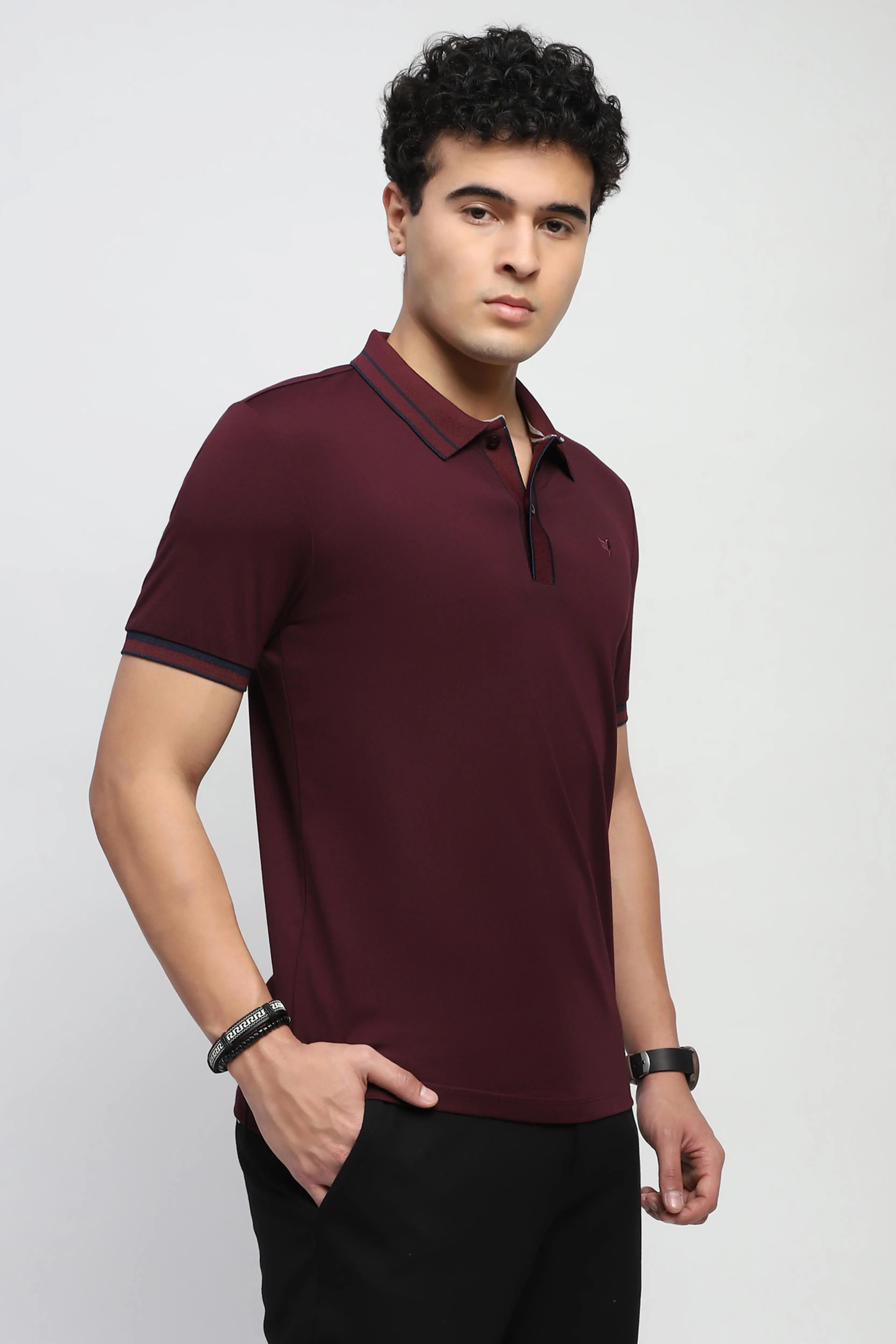 Wine Solid Cotton Blend Polo T-Shirt - Global Republic