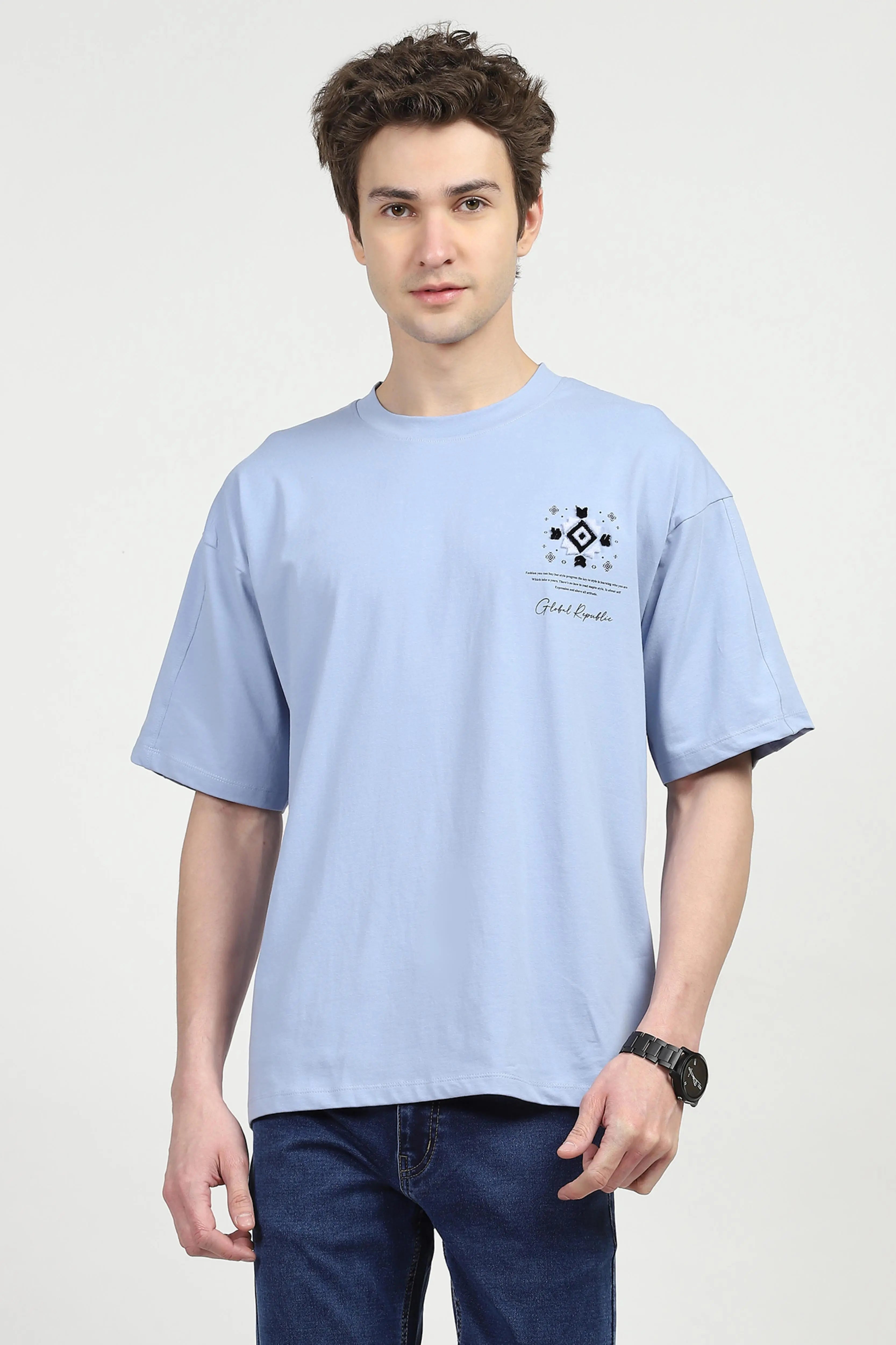 Blue Oversized Graphic Cotton T-shirt - Global Republic