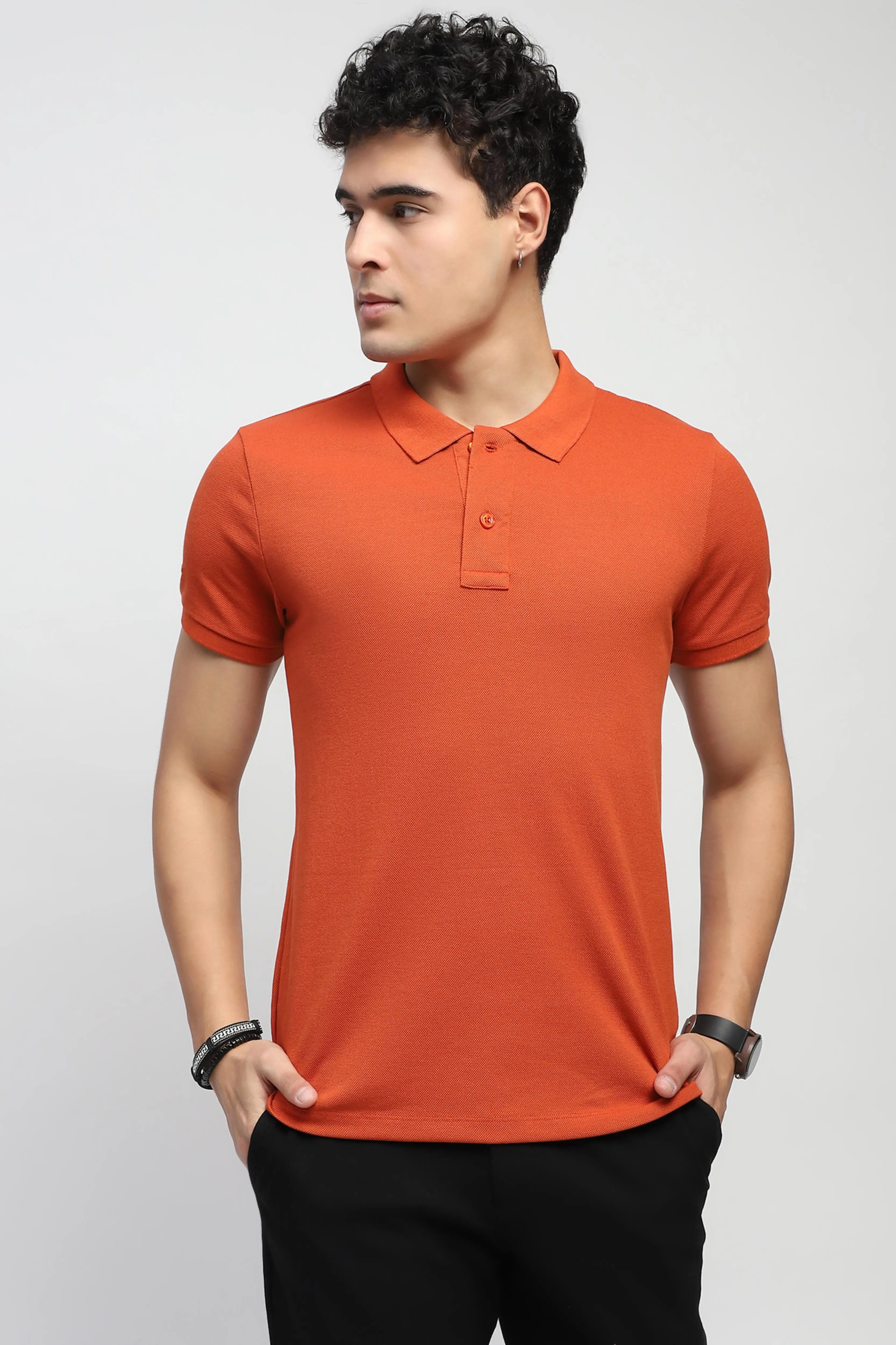 Rust Solid Cotton Blend Polo T-Shirt - Global Republic
