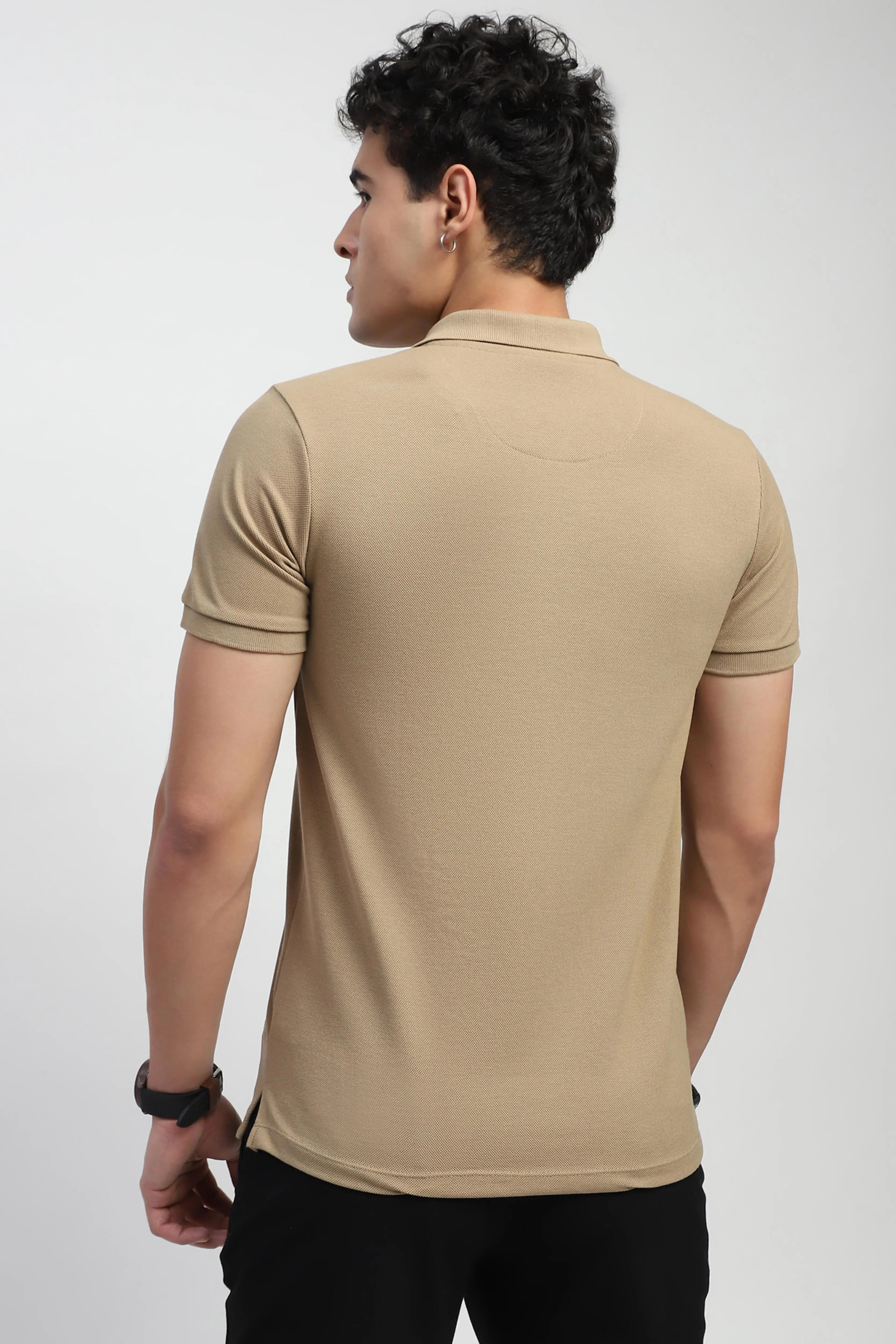 Khaki Solid Cotton Blend Polo T-Shirt - Global Republic