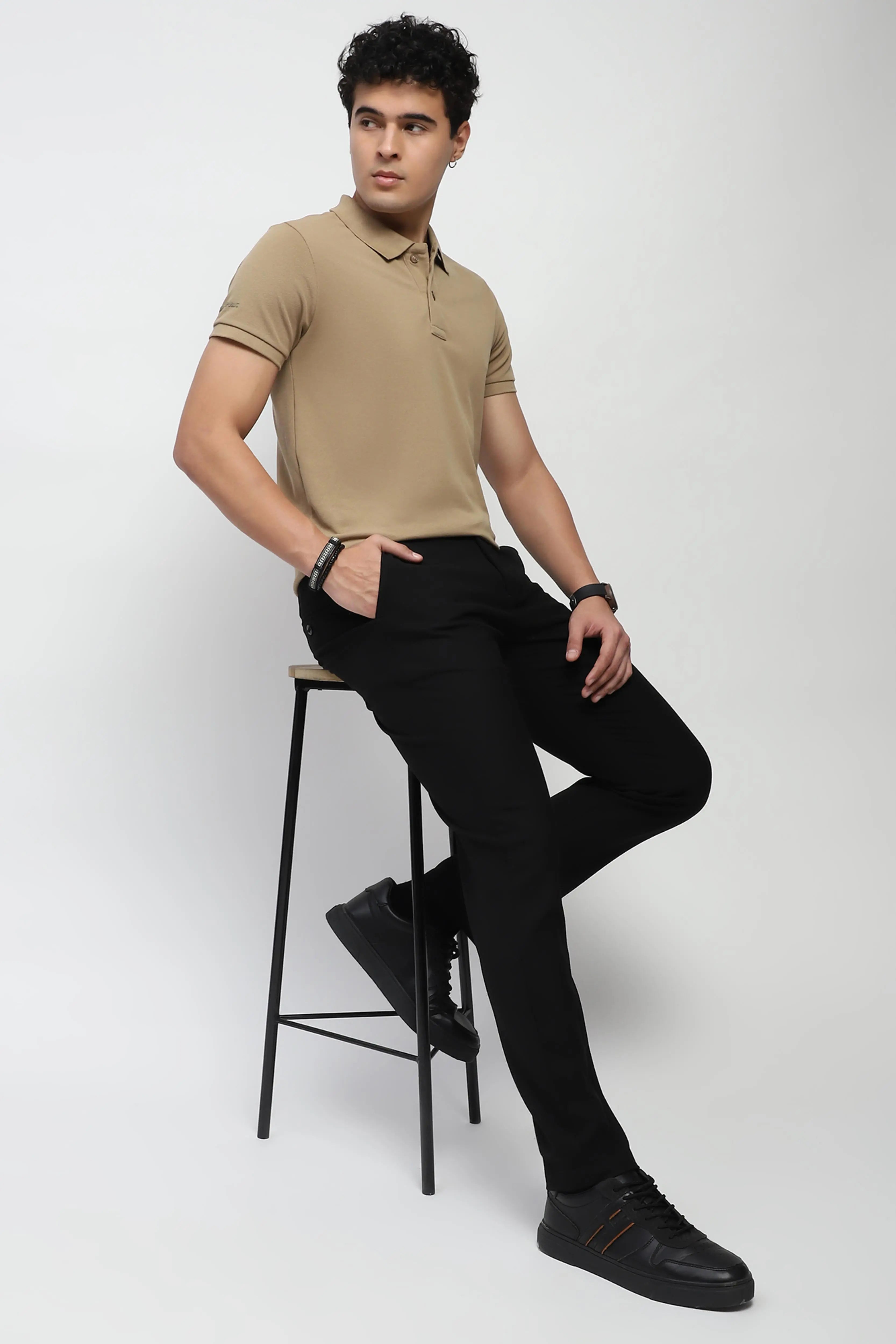 Khaki Solid Cotton Blend Polo T-Shirt - Global Republic