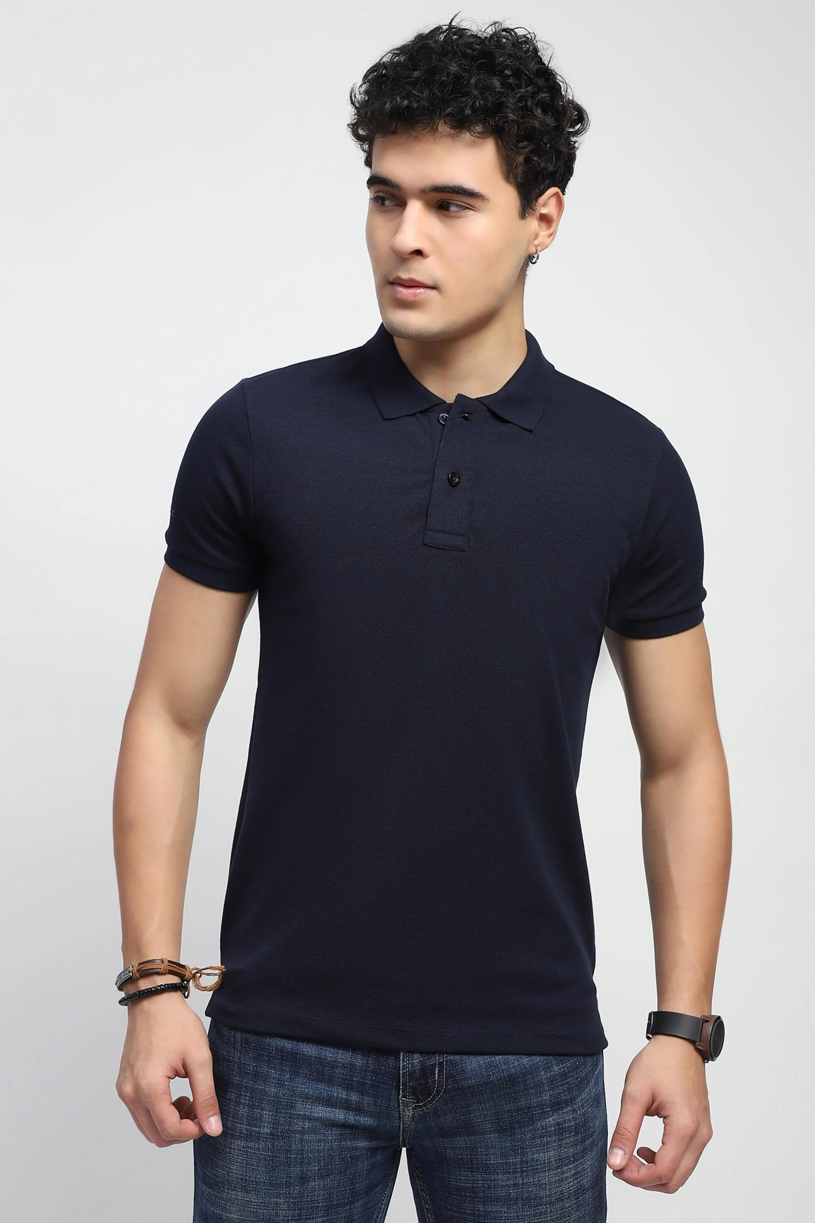 Navy Solid Cotton Blend Polo T-Shirt - Global Republic