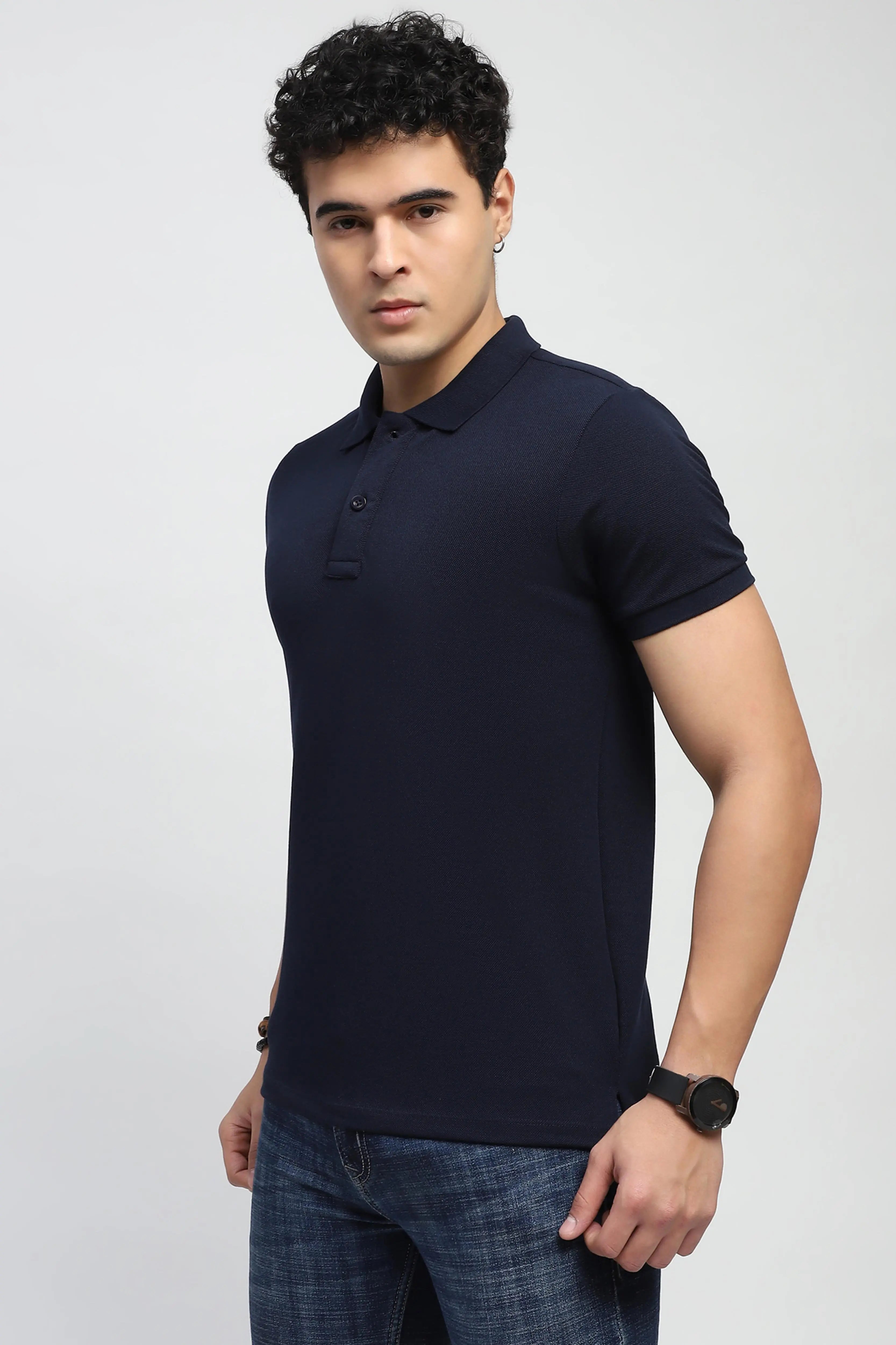 Navy Solid Cotton Blend Polo T-Shirt - Global Republic