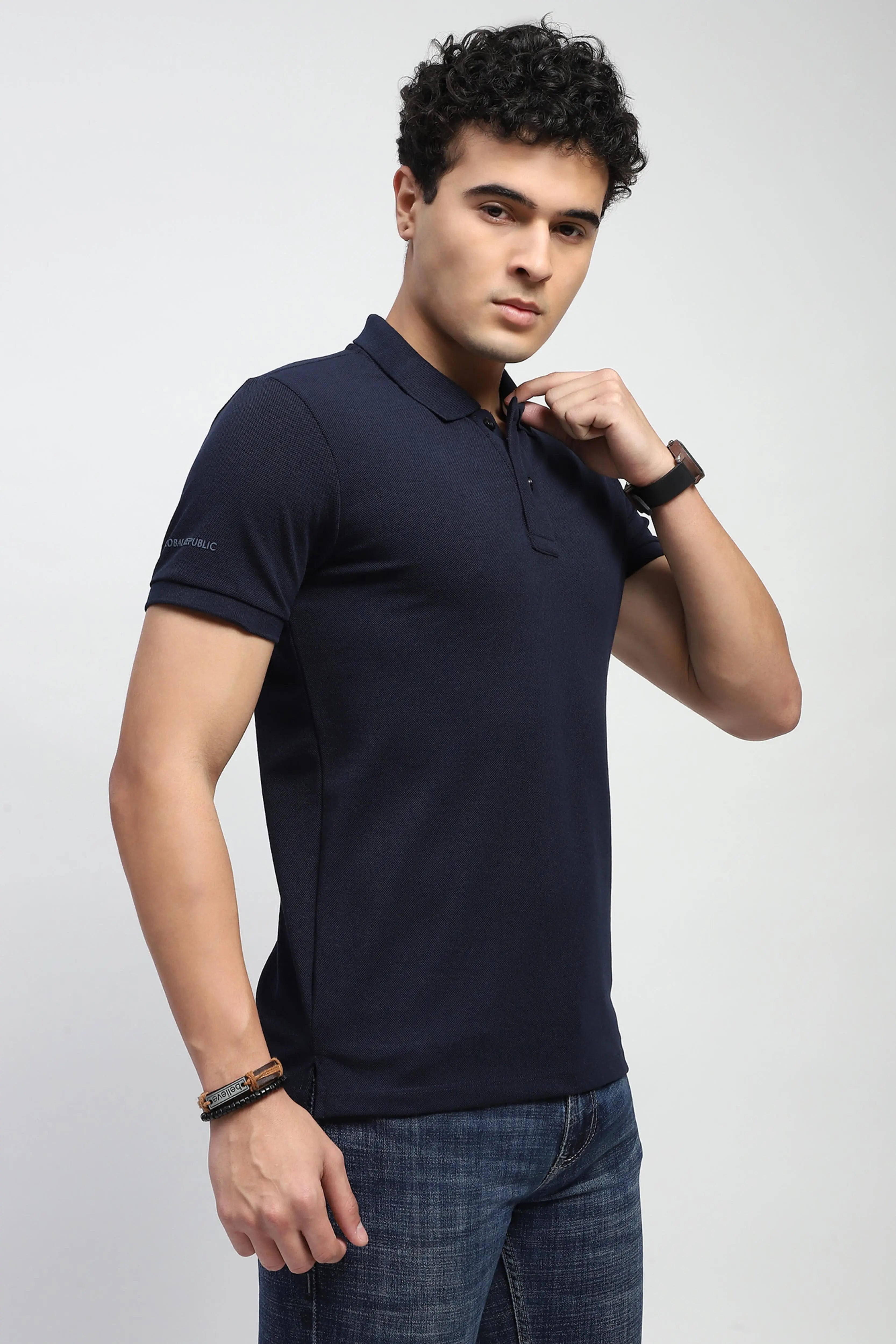 Navy Solid Cotton Blend Polo T-Shirt - Global Republic