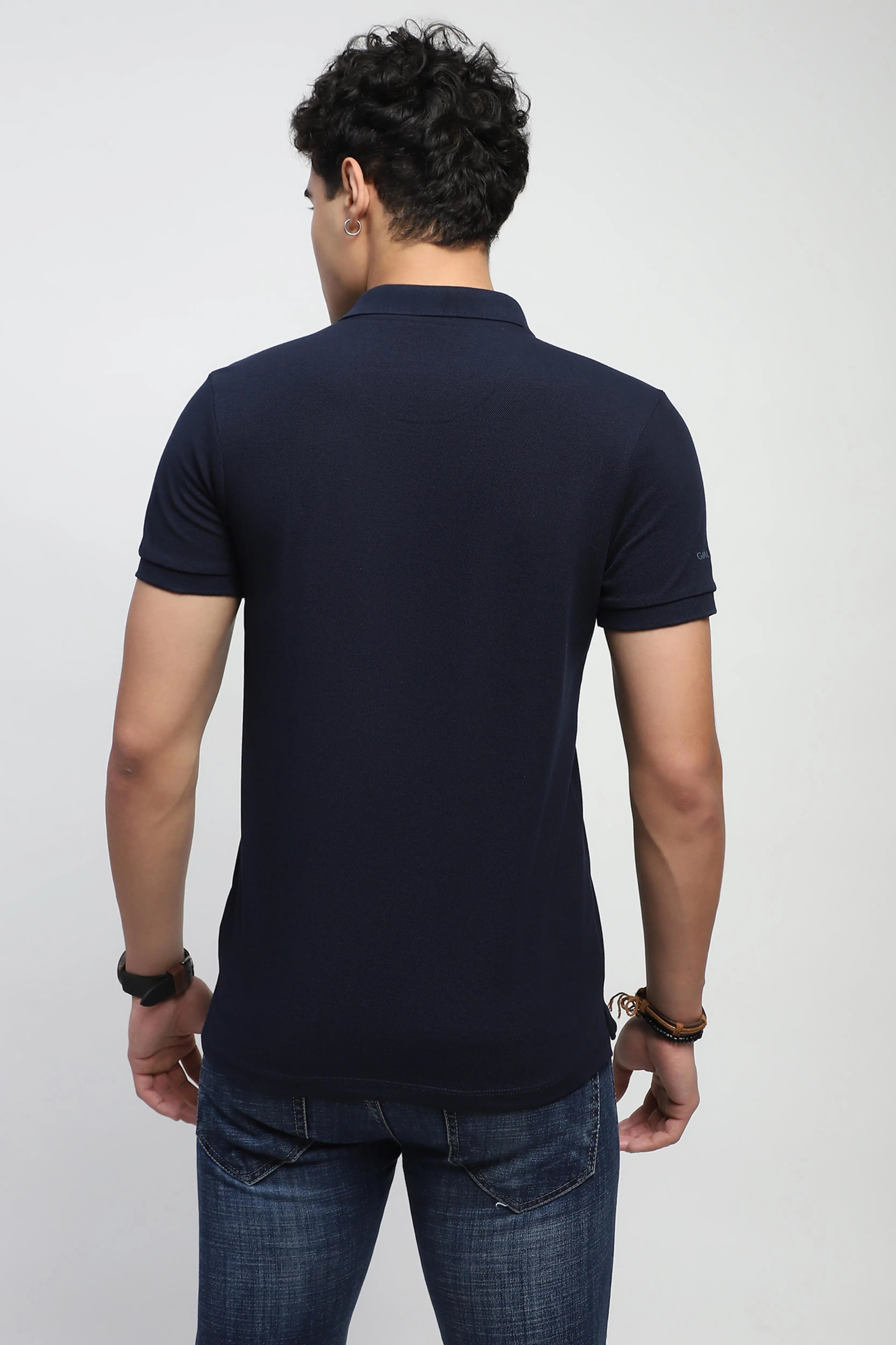 Navy Solid Cotton Blend Polo T-Shirt - Global Republic