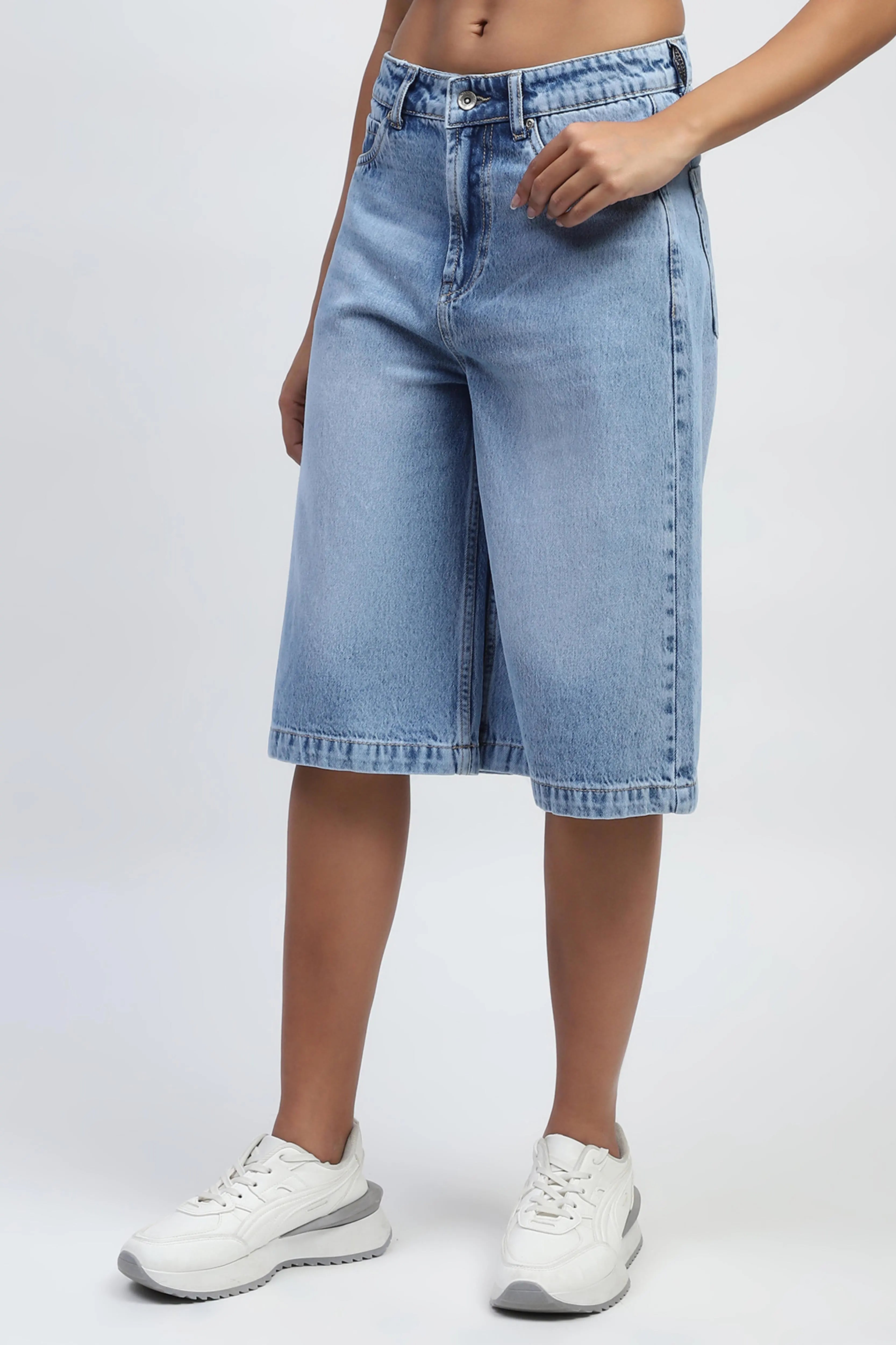 Blue Solid Cotton Blend Loose Culottes - Global Republic