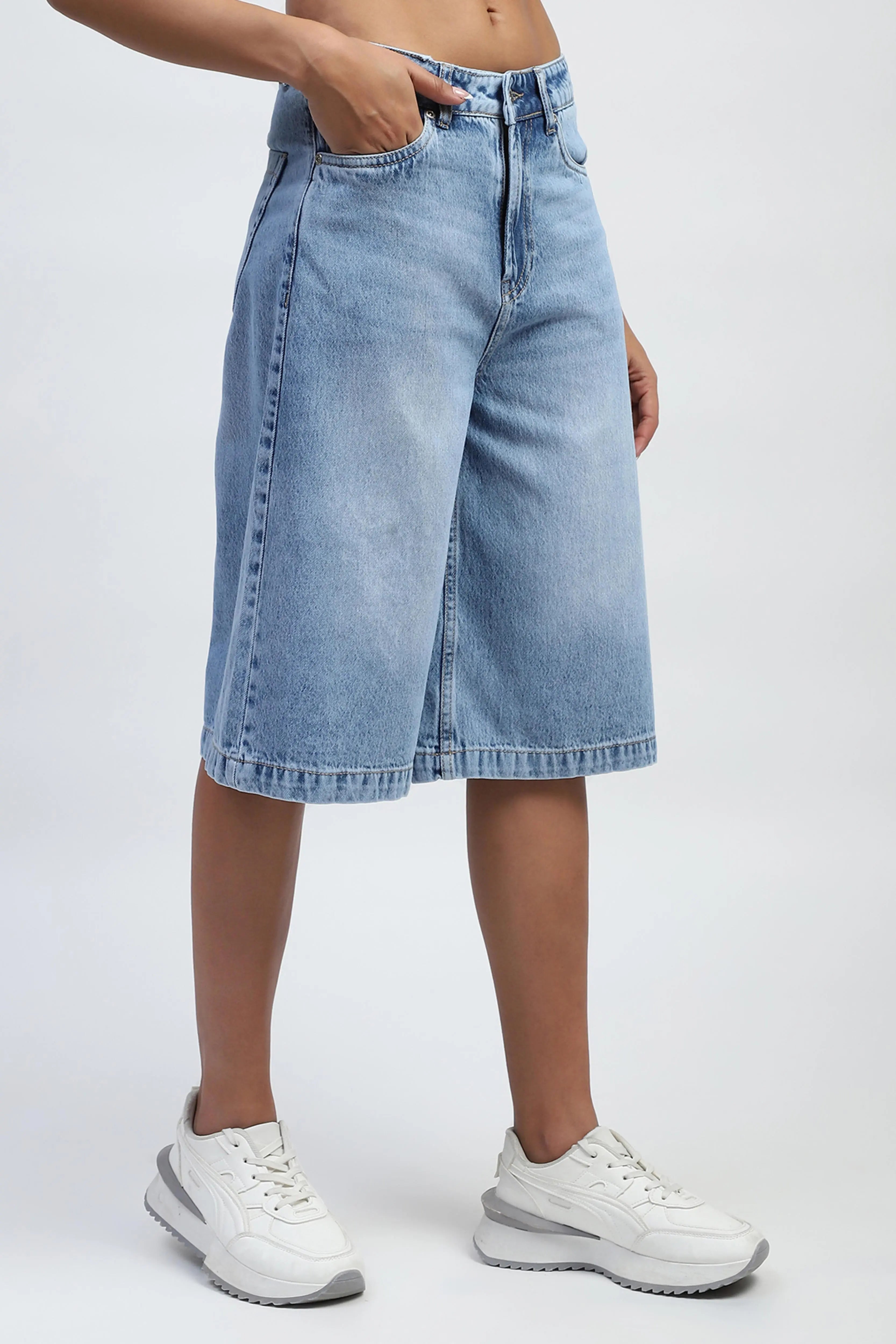 Blue Solid Cotton Blend Loose Culottes - Global Republic