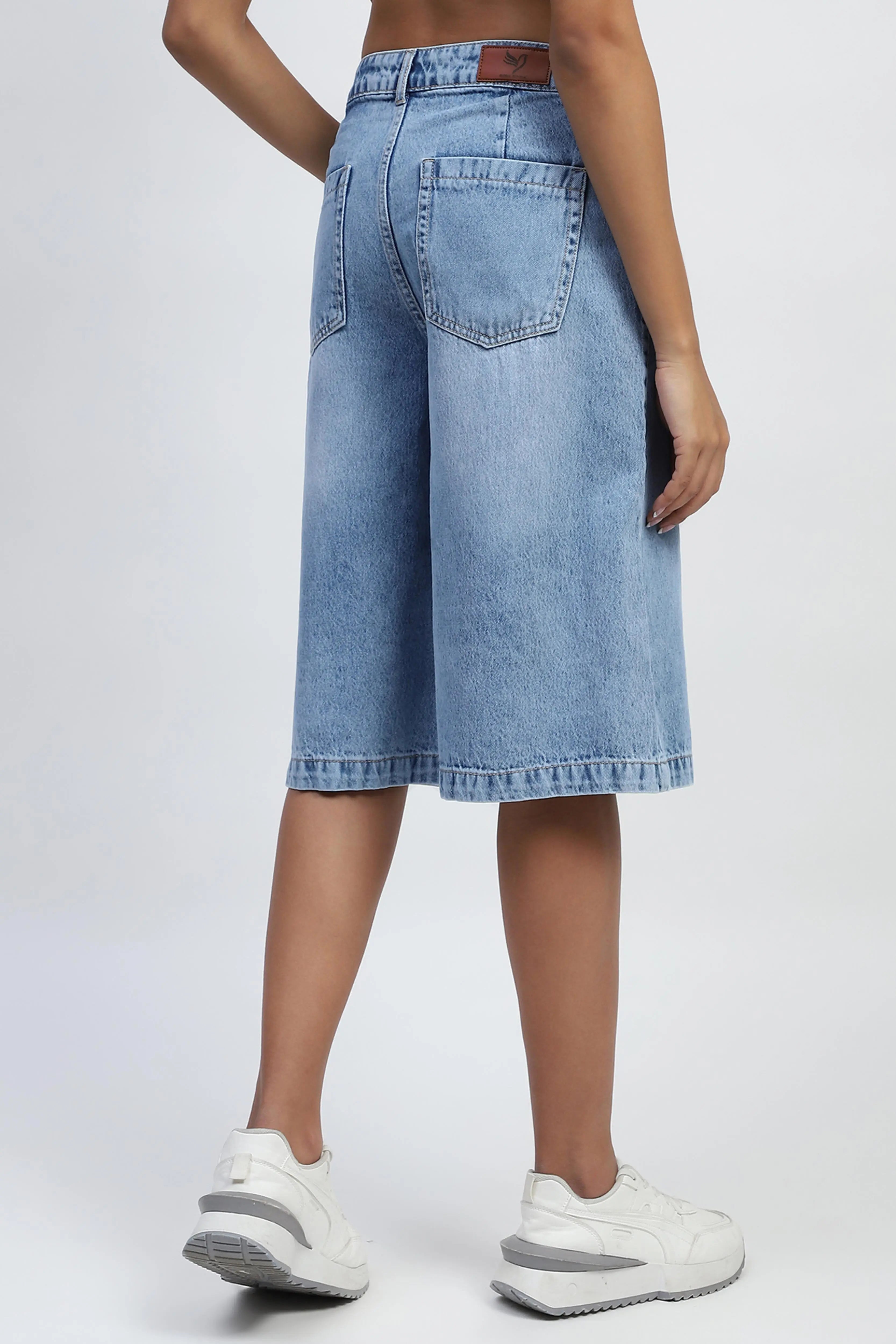 Blue Solid Cotton Blend Loose Culottes - Global Republic