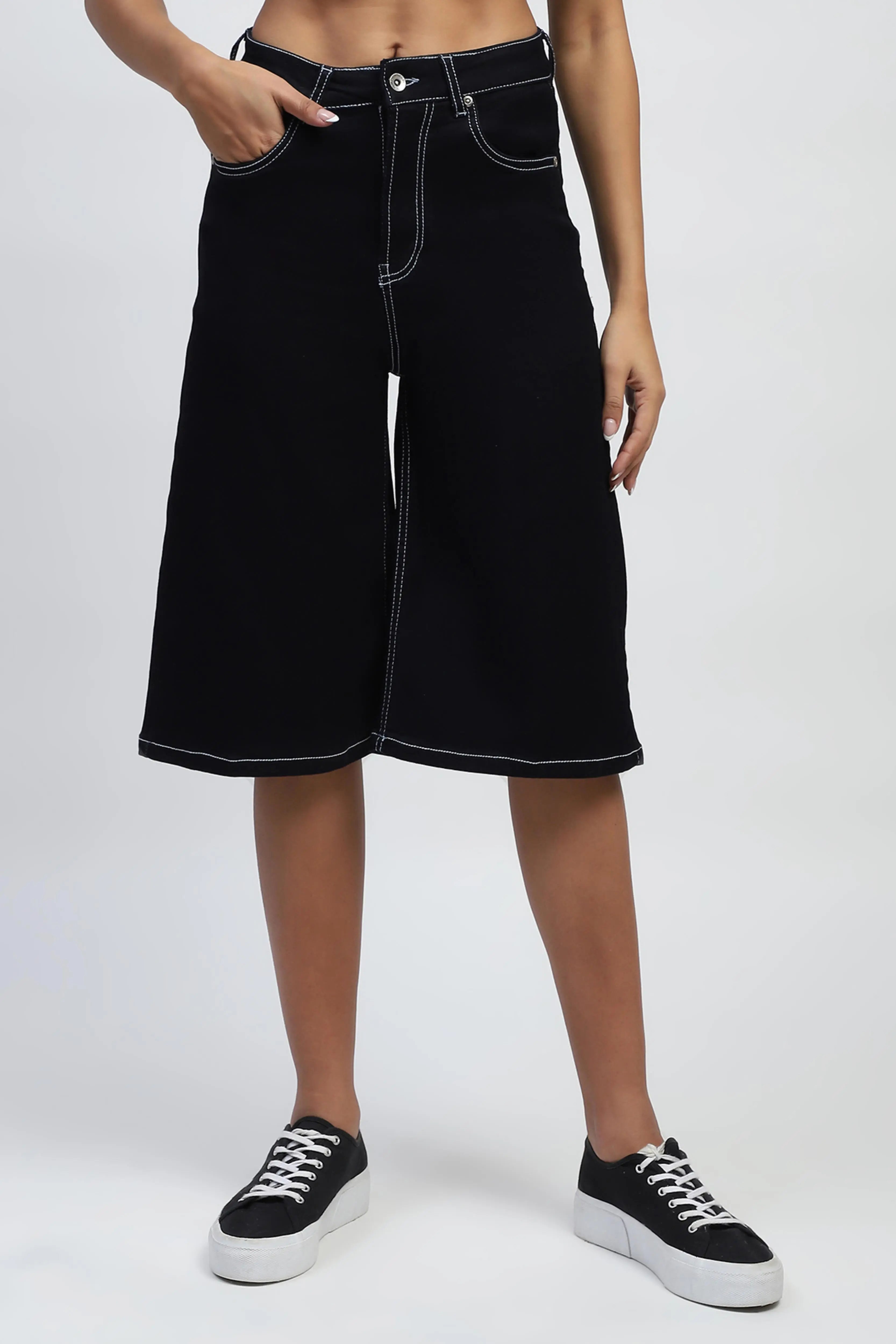 Black Solid Cotton Blend Loose Culottes - Global Republic