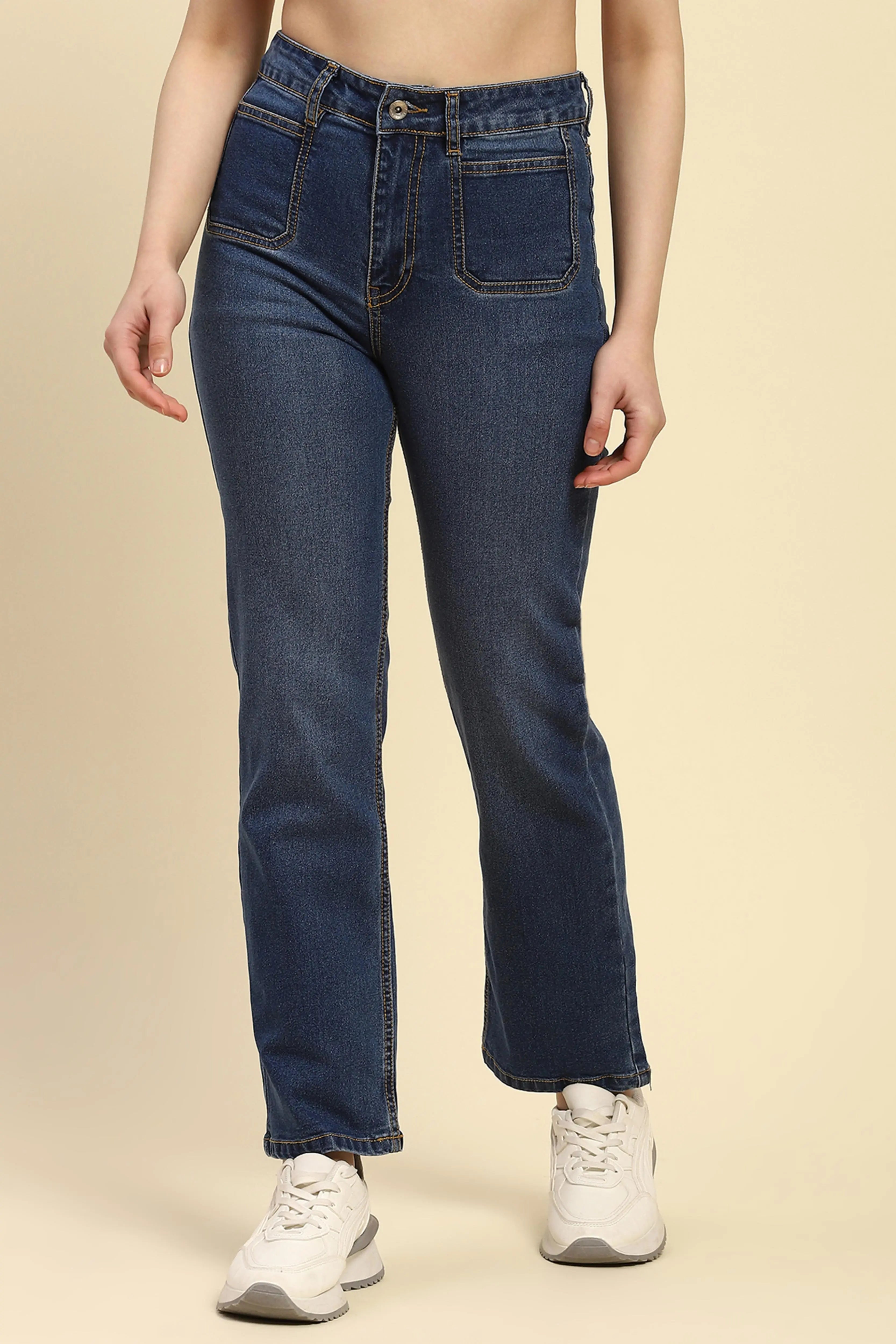 Blue Cotton Blend Straight Jeans - Global Republic