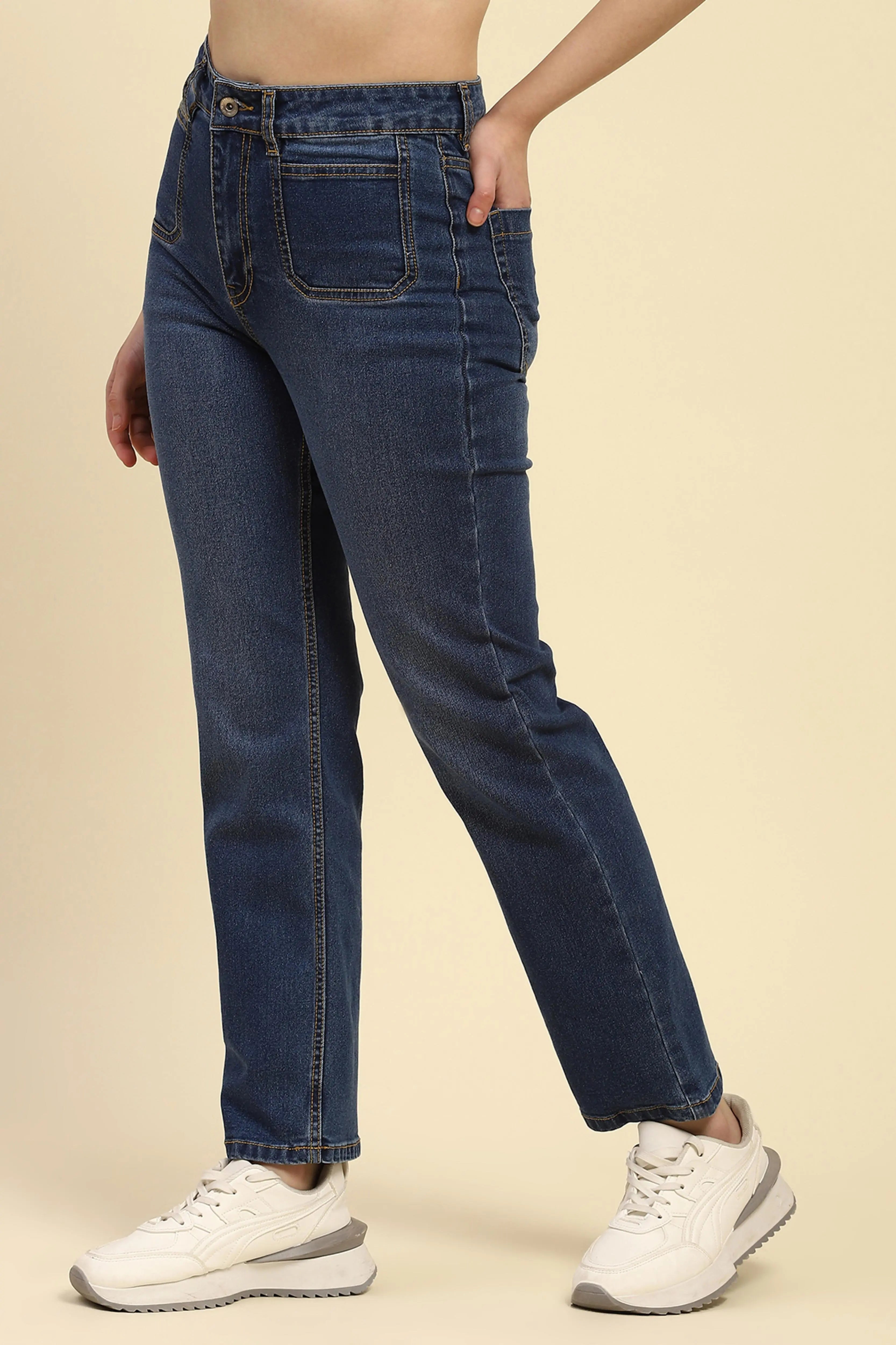 Blue Cotton Blend Straight Jeans - Global Republic