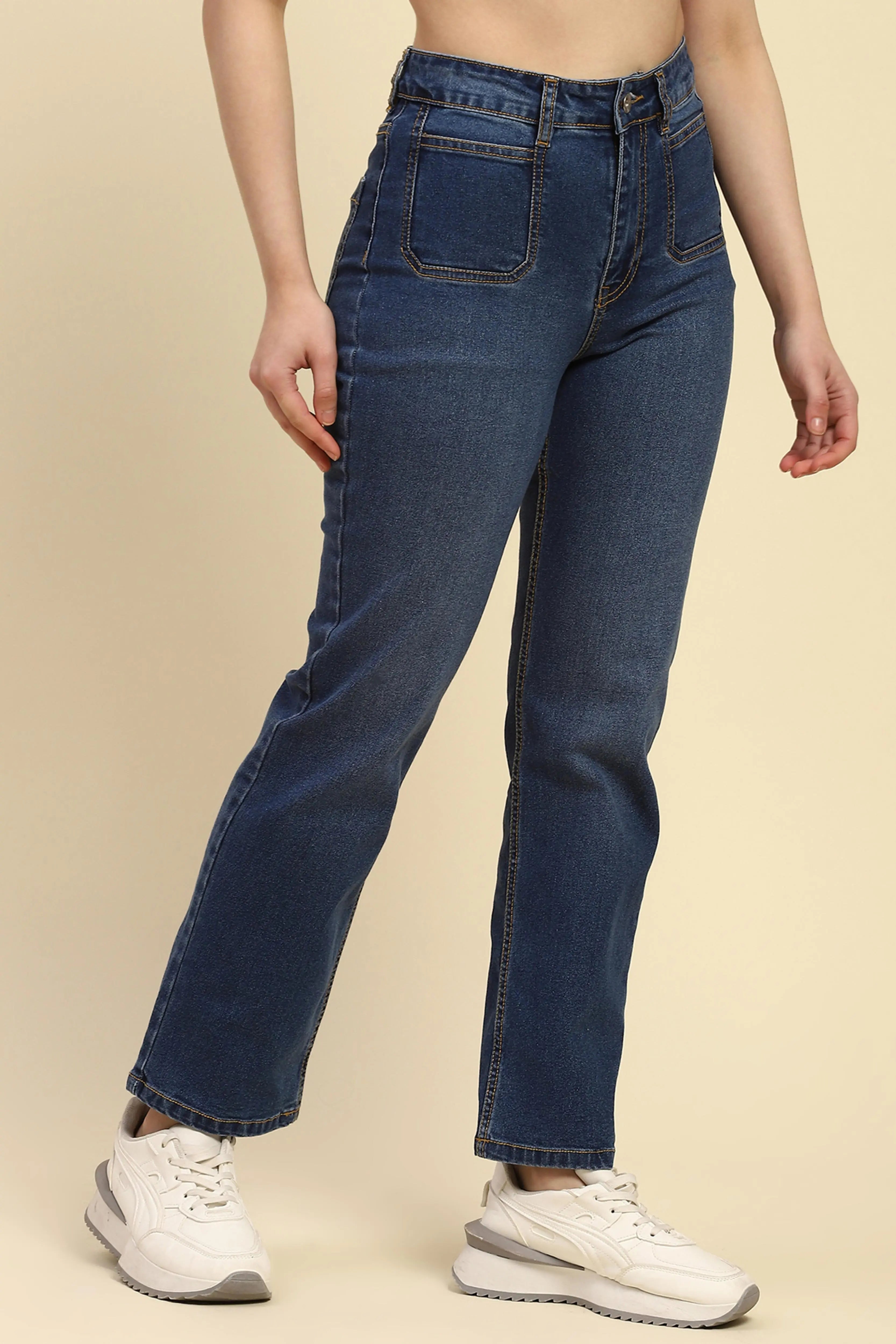 Blue Cotton Blend Straight Jeans - Global Republic